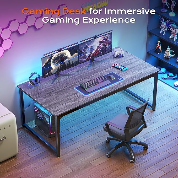 PRAISUN 63 X 29.5 Inch Computer Desk with Deeper Desktop, Gaming Office Writing Work Desk for Home Office, Study, Bedroom, Work from Home, Metal Frame, Grey