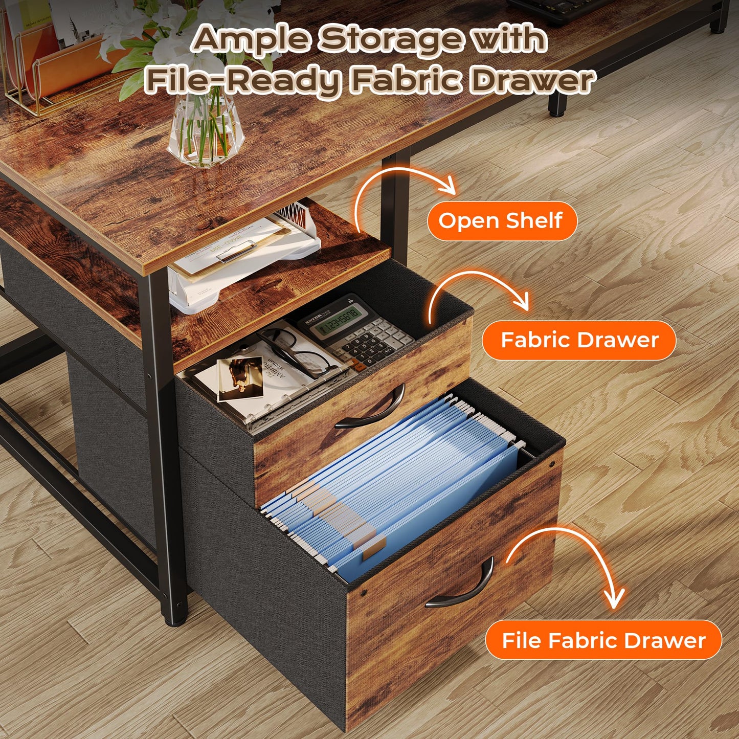 PRAISUN 55 Inch L Shaped Desk with Power Outlets and USB-C Port, Computer Corner Home Office Desk with File Fabric Drawers and Movable Monitor Stand, Larger Storage for Gaming, Study, Rustic Brown