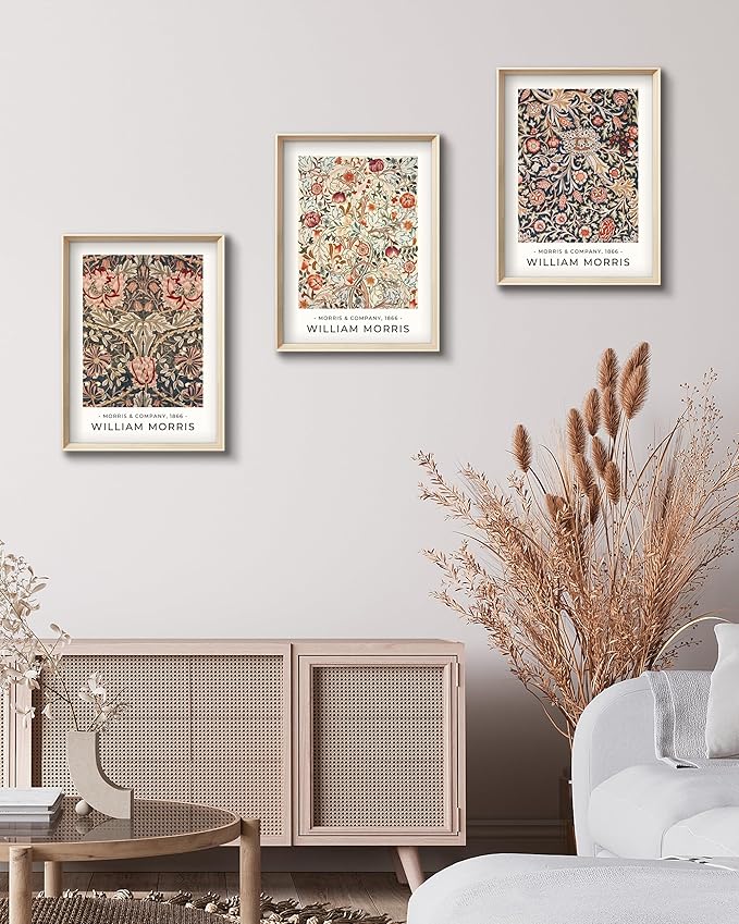 Framed William Morris Canvas Wall Art,Floral Pattern Vintage Poster Wall Decor,16x12IN High Framed Wood Design Prints,Minimalist Classic Decor Aesthetic for Living Room,Bedroom,Bathroom Set of 3