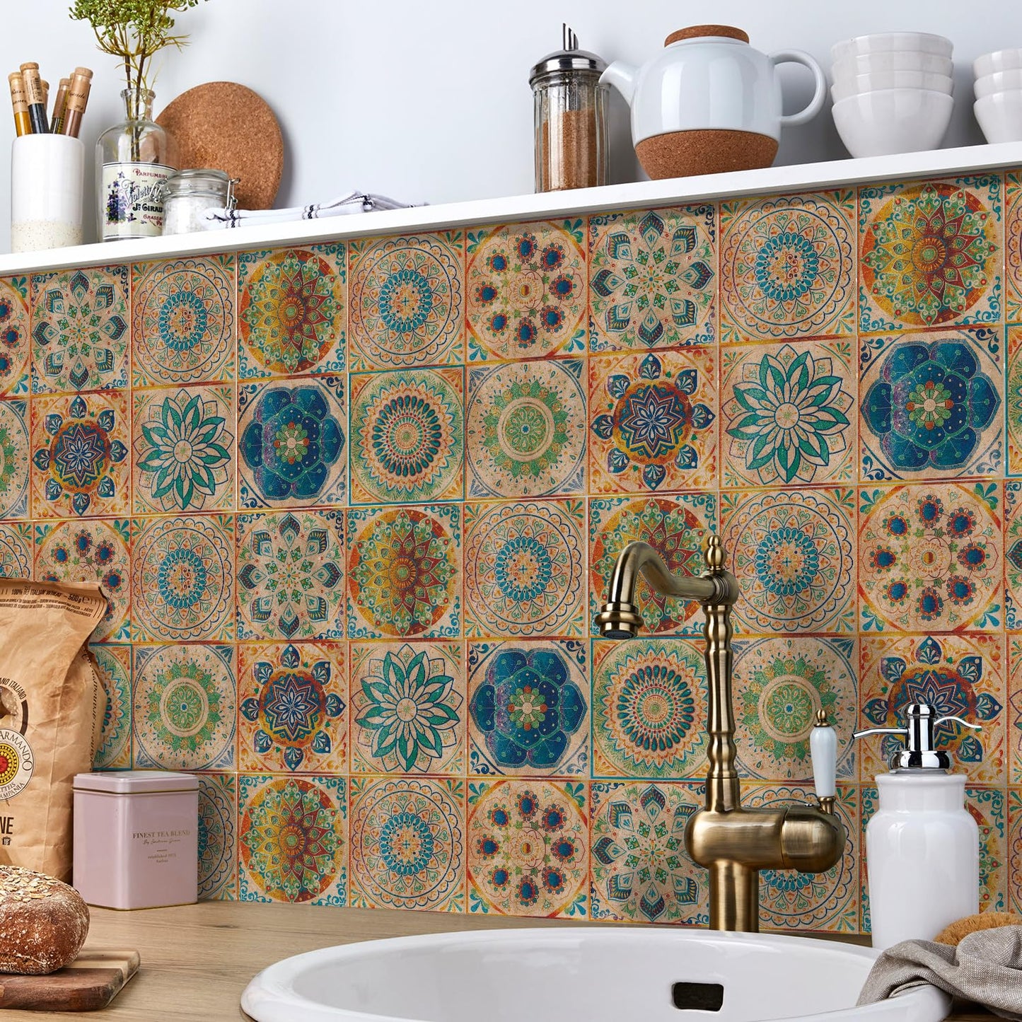 24 Pcs Mandala Style Tile Stickers, Peel and Stick Backsplash Tile Decals for Kitchen Bathroom Wall Furniture (Yellow, 6x6in)