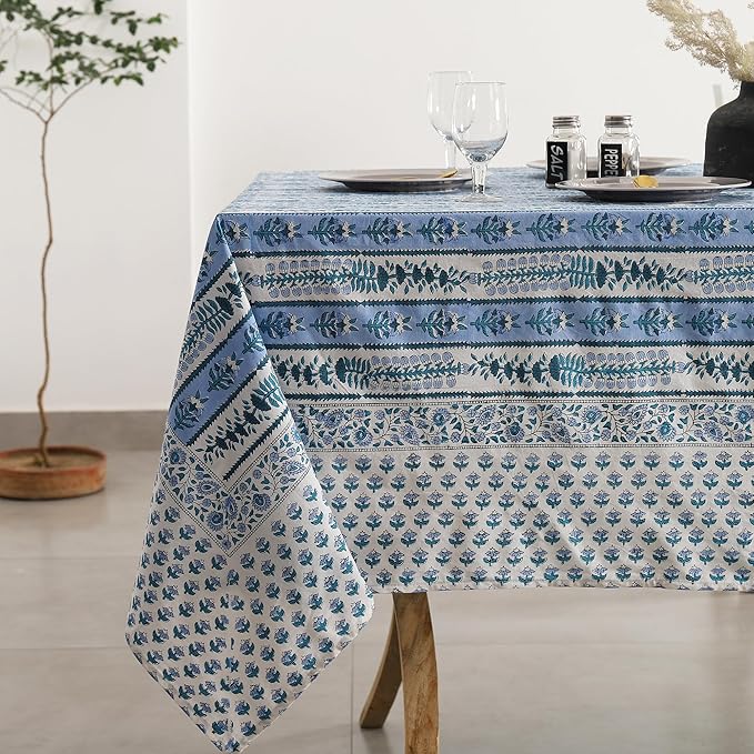 Labhanshi Blue Indian Handblock Print Floral Cotton Rectangle 72x135 Inch 10-Seater Dining Tablecloth|Fade-Resistant Spring Easter Picnic Outdoor Camping Festive Holiday Table Cover|Blue