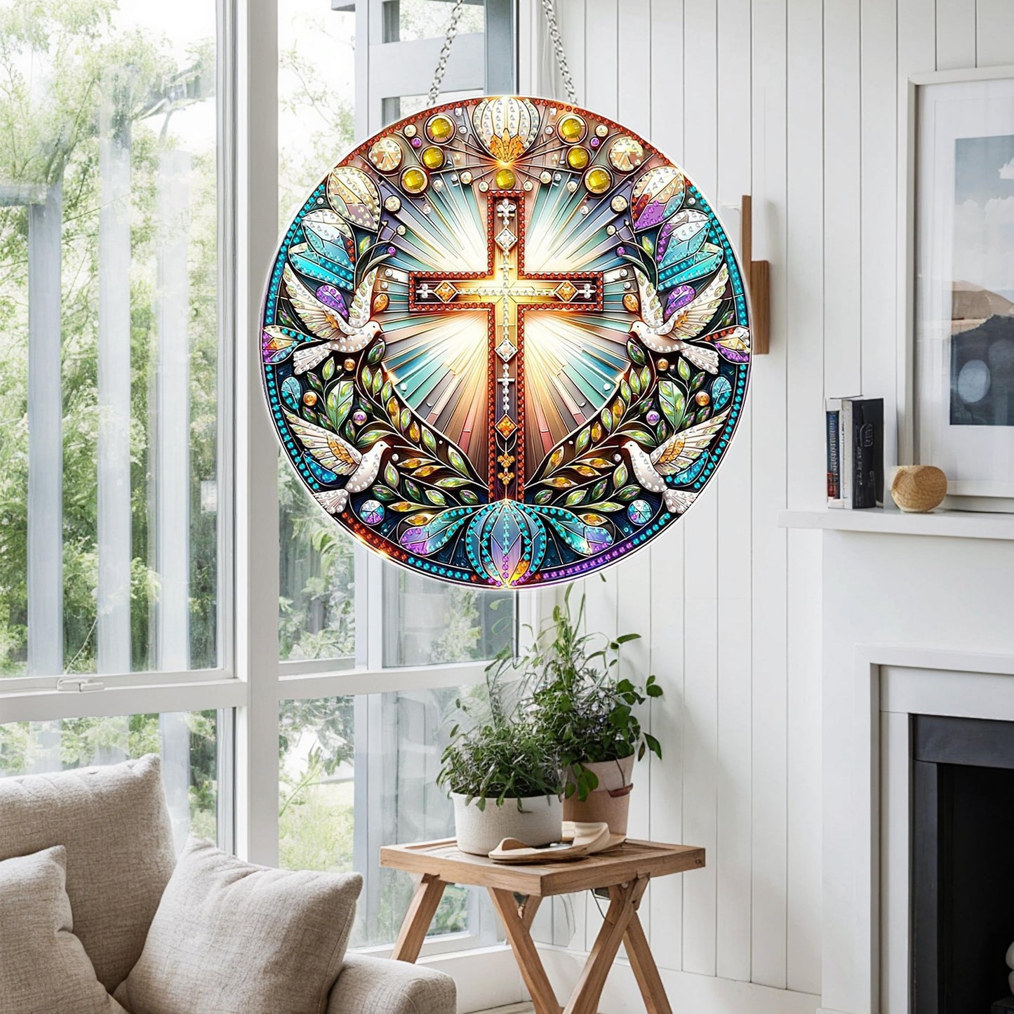 DIY Diamond Art Painting Wreath Kits，Special Shaped Rhinestone Hanging Ornament Diamond Art Acrylic Window Pendants for Gift Home Garden Wall Hanging Kits(Cross-1)