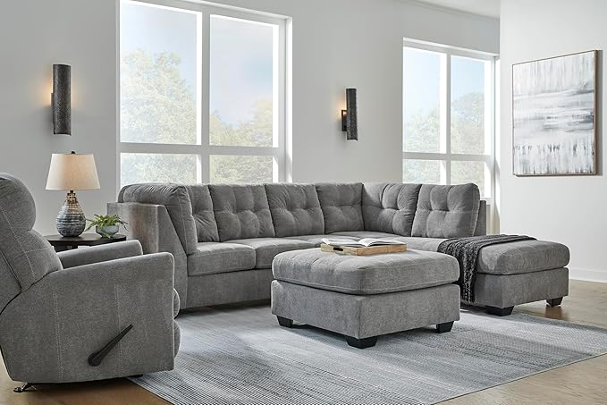 Signature Design by Ashley Marleton Contemporary Right-Arm Facing Tufted 2-Piece Sleeper Sectional with Chaise, Loose Seat Cushions and Bi-Fold Memory Foam Mattress, Full, Light Gray