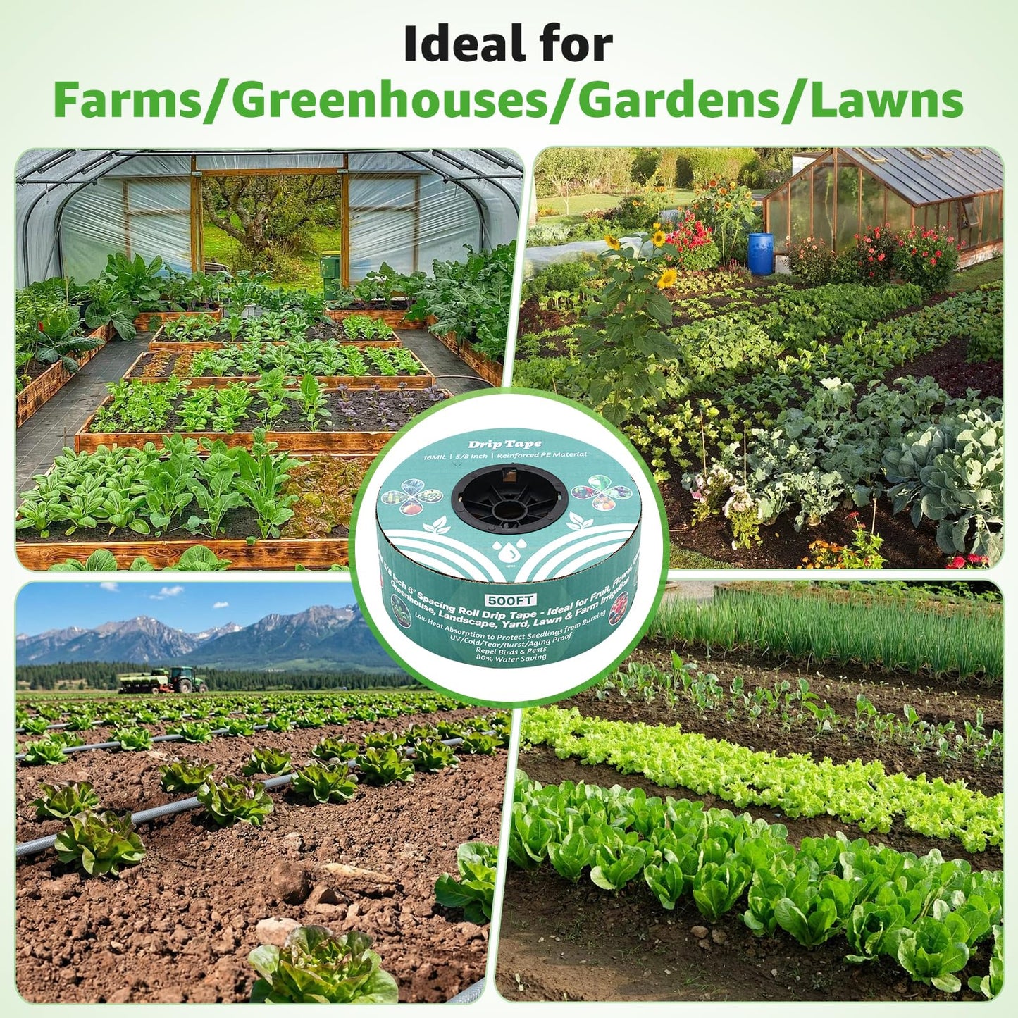 500FT 5/8" Drip Tape Irrigation, 16 Mil Heavy Duty with 6" Emitter Spacing, Silver Reflective Drip Tape Resistant to Pecking & Biting, Heat-Safe for Seedlings, Ideal for Garden Farm Greenhouse Patio