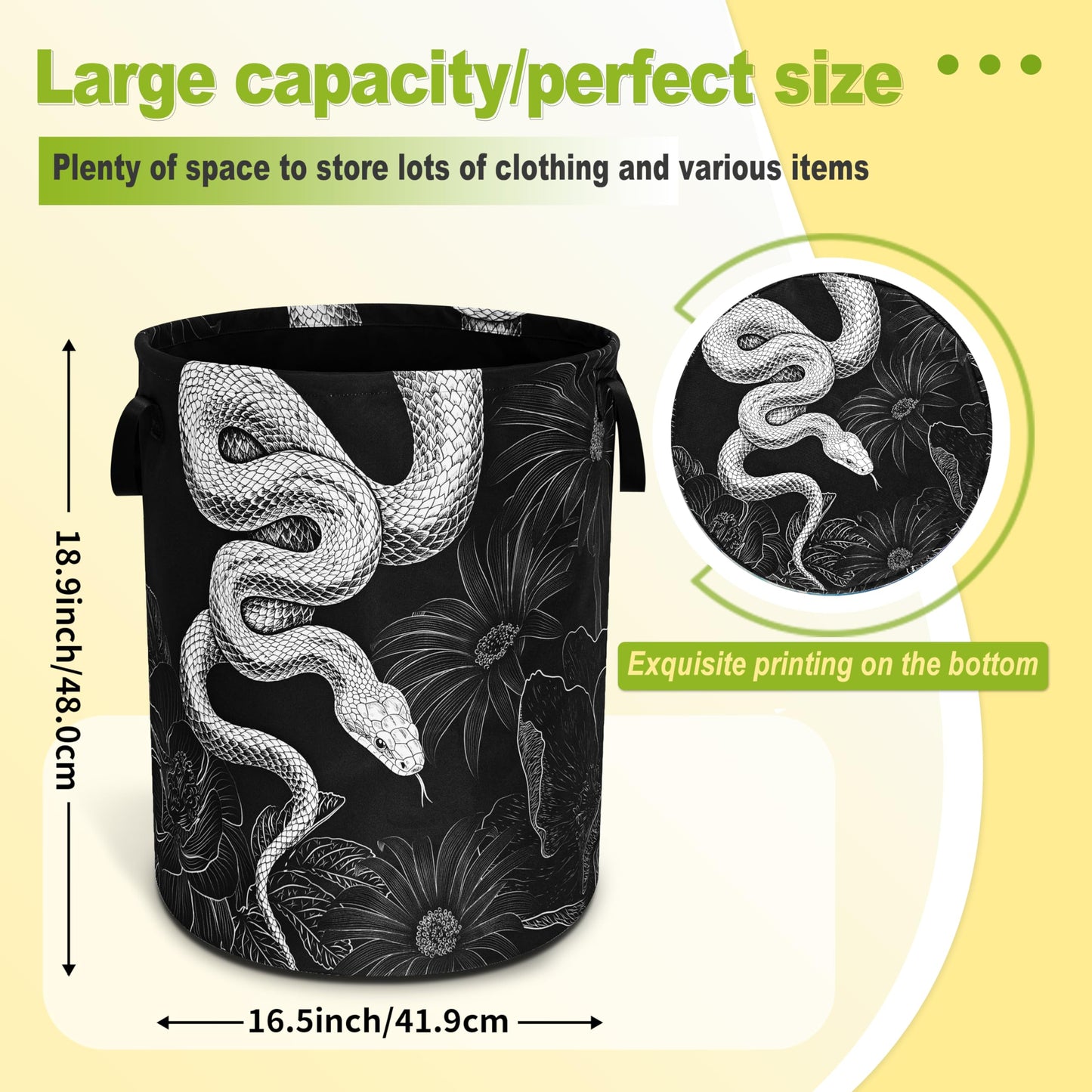 Snake Laundry Basket Floral Prints Funny Foldable Waterproof Oxford Cloth Tote Bag Laundry Hamper Round Large Clothes Storage Bucket Toy Organizer For Bathroom/Laundry Storage/Bedroom 18.9x16.5 Inch