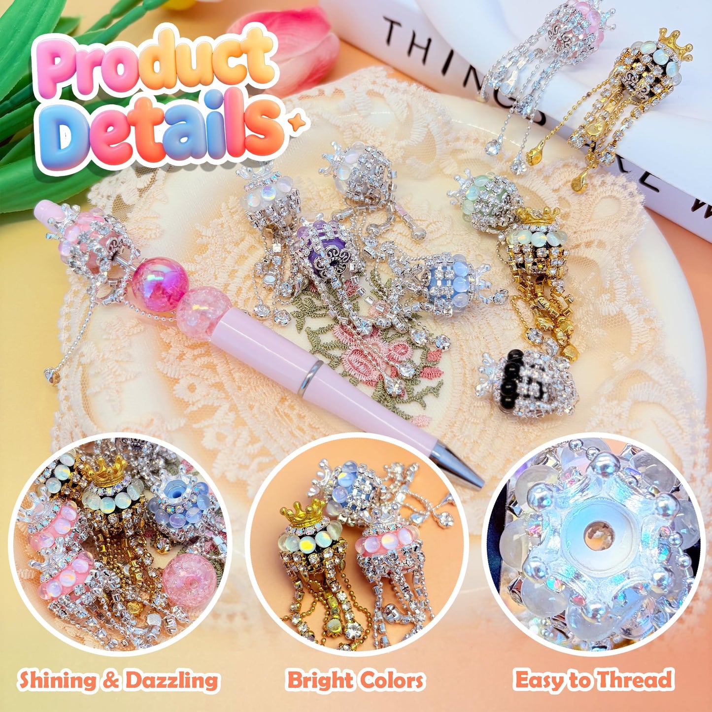 10pcs Rhinestone Focal Beads for Pens, Sparkling Crystal Crown-Shaped Designs with Tassels, Fancy Beads for DIY Jewelry Making Keychains Crafts Holiday Decorations