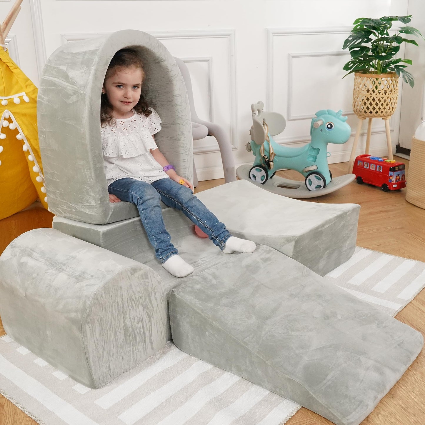 Foam Climbing Blocks for Toddlers – Indoor Soft Play Set for Babies - Velvet Cover & High-Density Memory Foam – Baby Climbing Blocks for Motor Skills - Climb and Crawl Activity Play Set for Kids -Gray