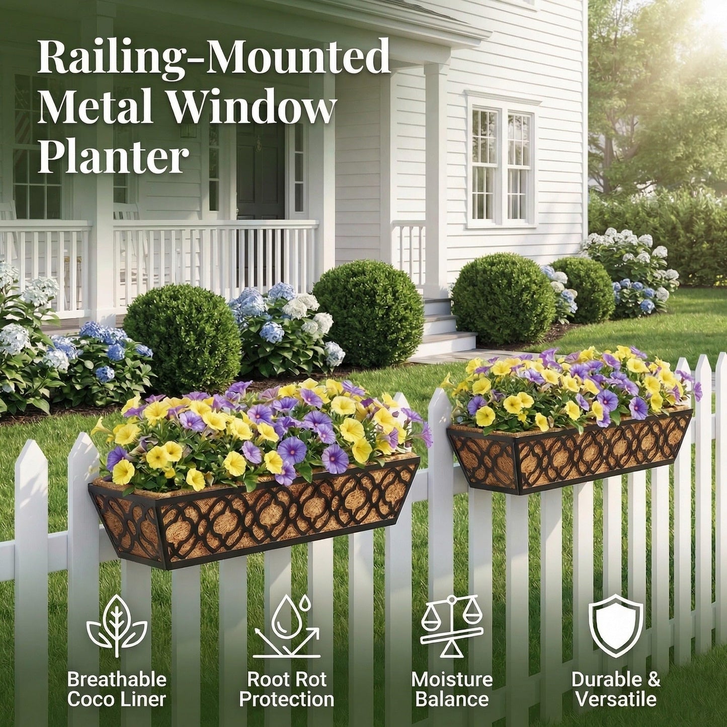 LAWYAMAI 24 Inch Railing Planter Box with Coco Liner, Adjustable Metal Hanging Planter, Window Box for Balcony Deck Fence, Outdoor Flower Box Black, 4 Pack