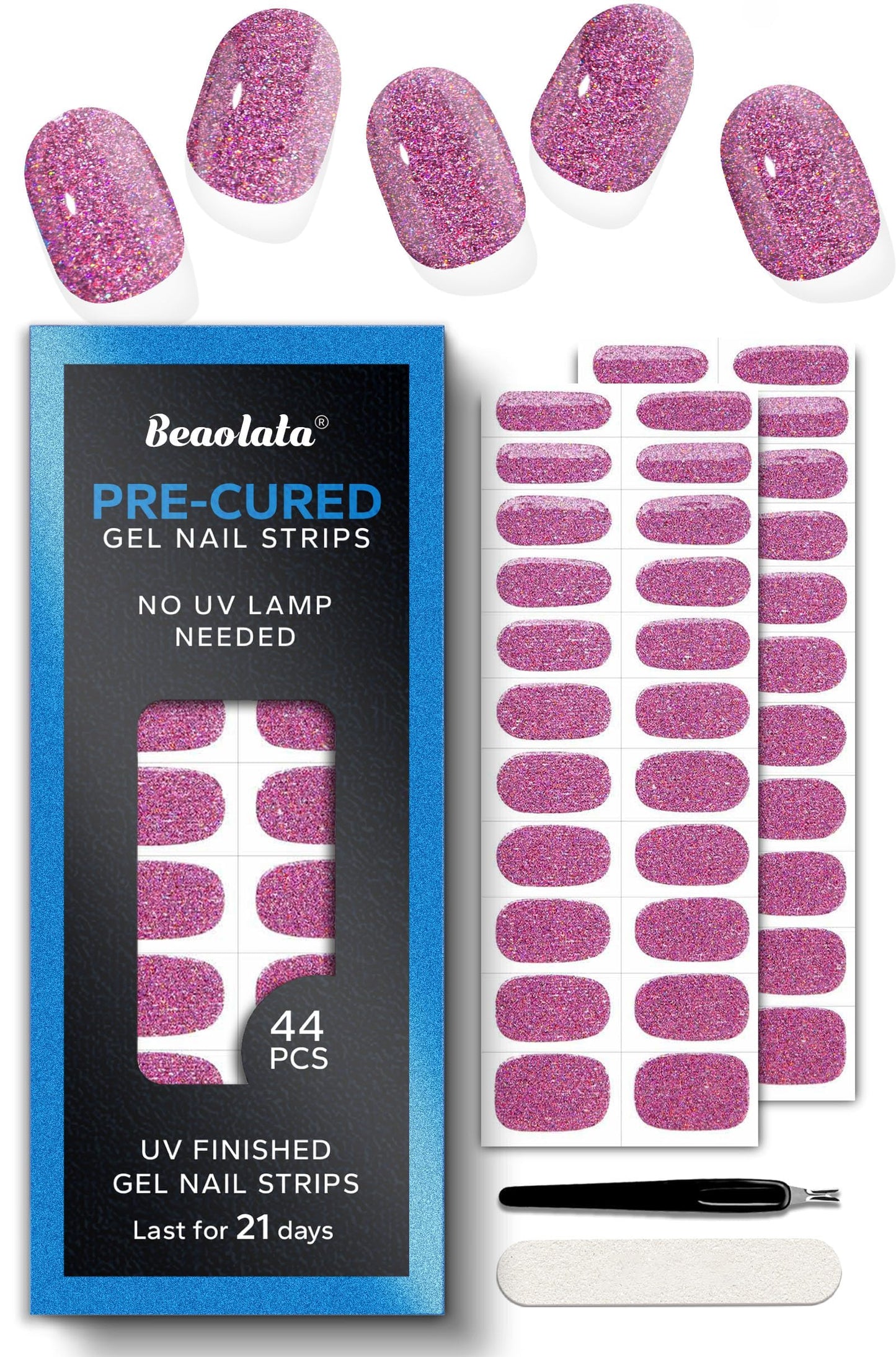 Beaolata Real Gel Nail Strips (No UV Light Needed) - 44Pcs Salon Quality Nail Stickers - Long Lasting Polish Wraps for Women, Easy Apply & Remove (Neon Pink)