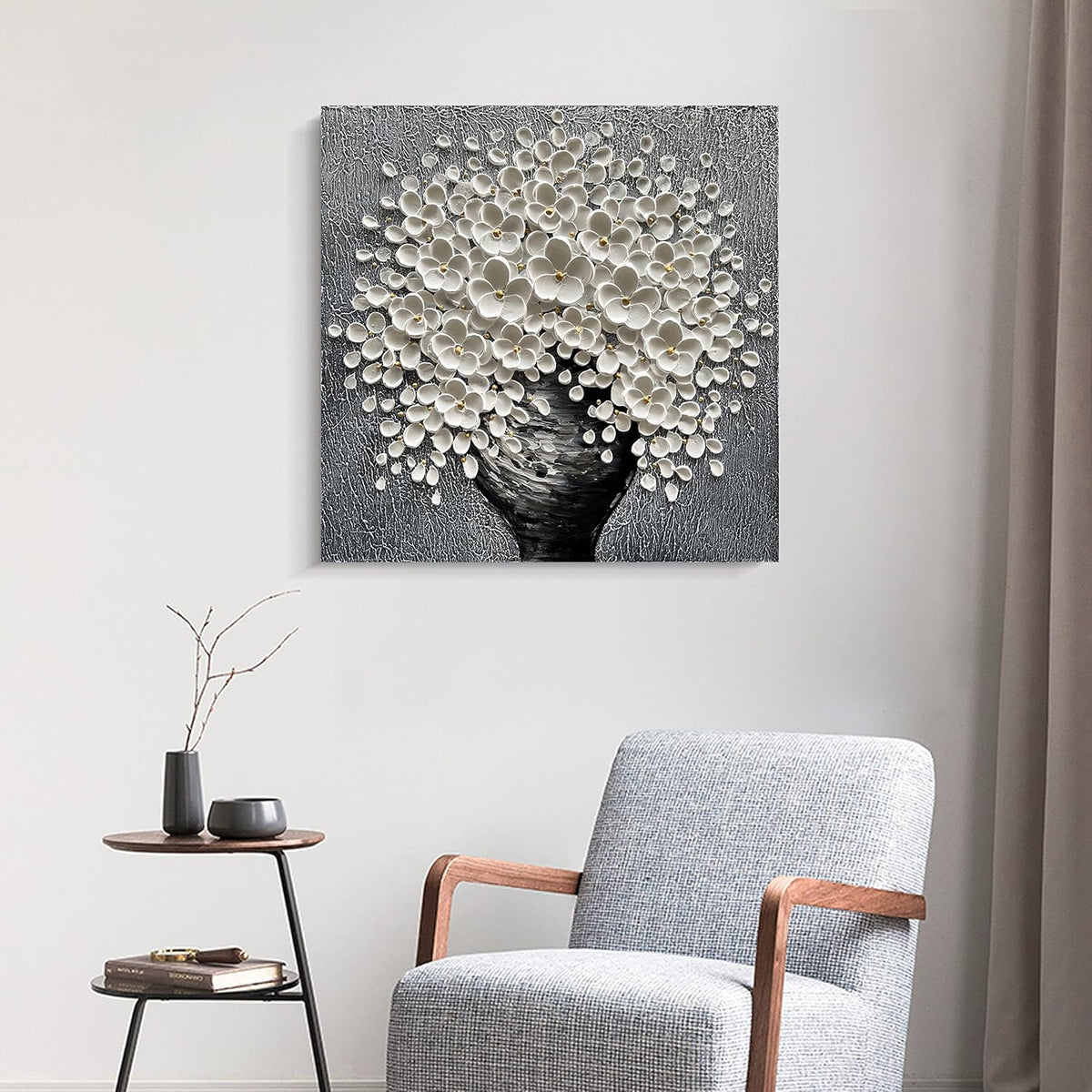 White Flower Oil Painting Modern Abstract Art Oil Painting Home Bedroom, Dining Room, Living Room, Office Wall Decoration (20x20 inches)