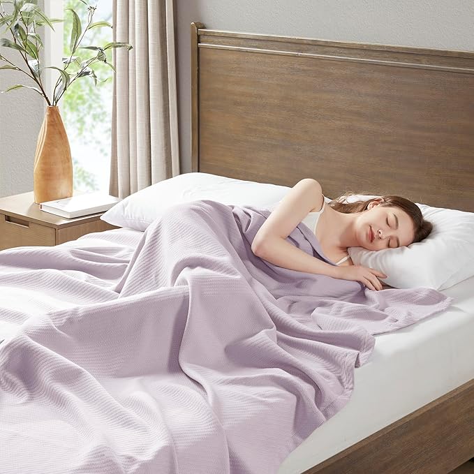 Madison Park Liquid Cotton Blanket Breathable, Softer Ring Spun Weave, Diamond Motif, Luxurious 100% Cotton All Seasons Lightweight Summer Blanket for Bed, Couch, Office, Lilac, Full/Queen