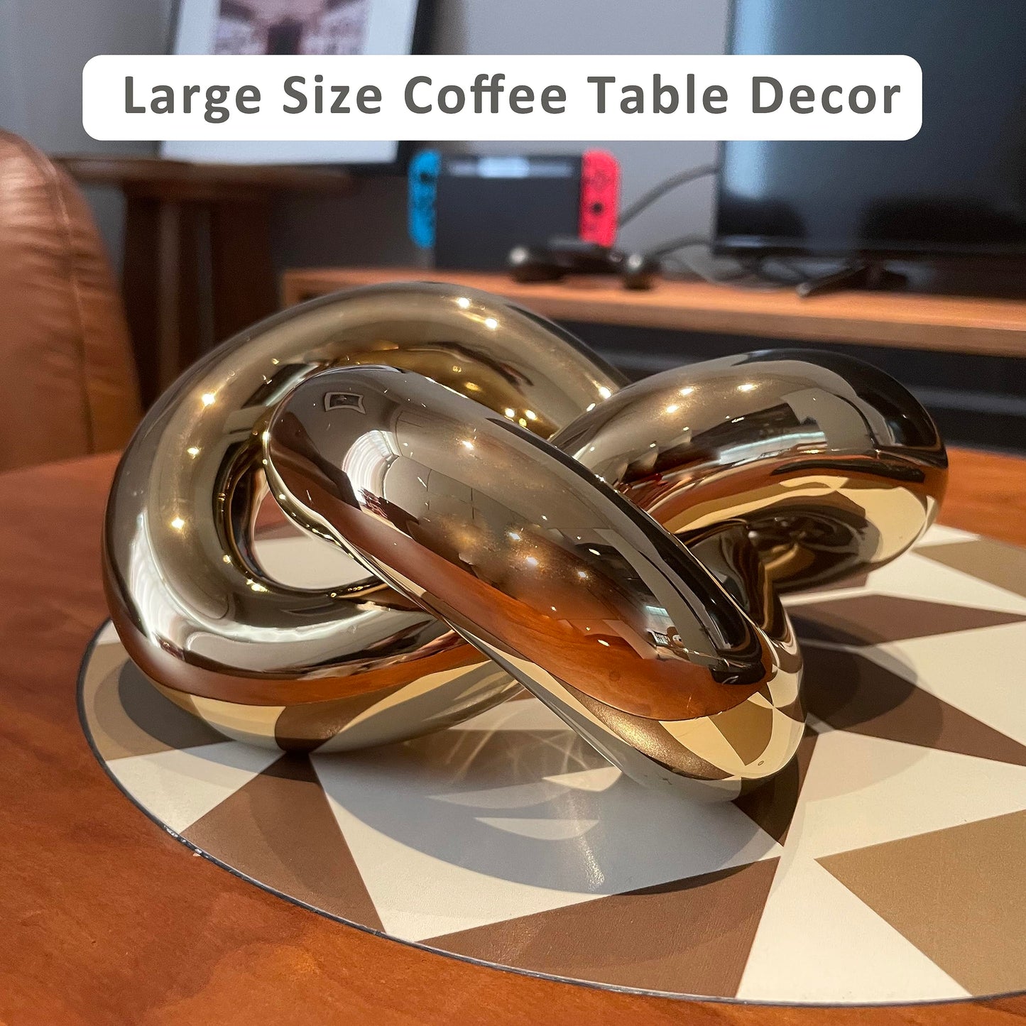 Large Ceramic Gold Knot Statue Décor, Gold Coffee Table Decor, Multi-Angle Abstract Geometric Sculpture Ornament, Modern Home Decor Accents for Living Room, Bedroom, Office