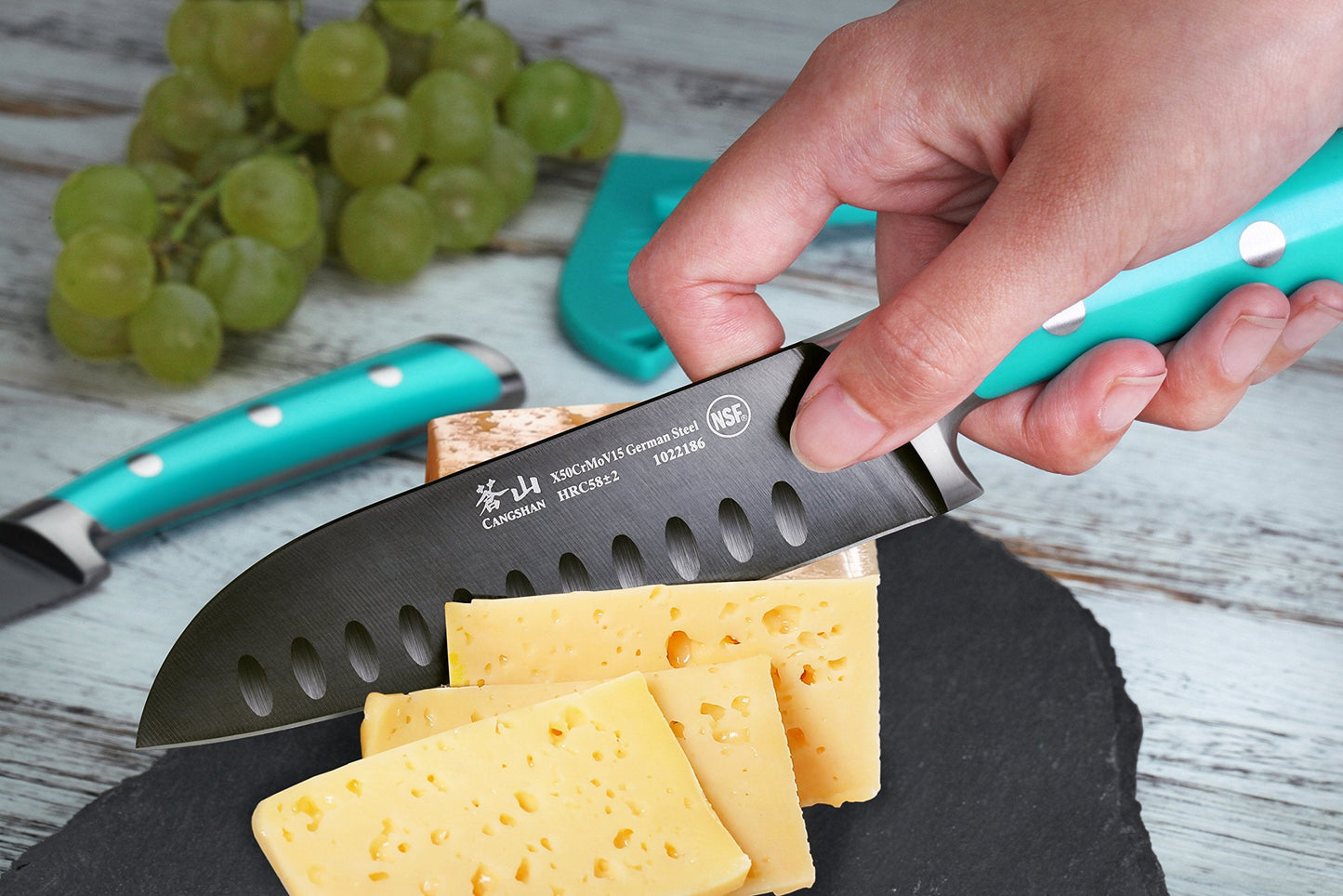Cangshan S+ Series 1022117 German Steel Forged 2-Piece Titanium Coated Santoku Starter Knife Set with Sheaths, French Teal