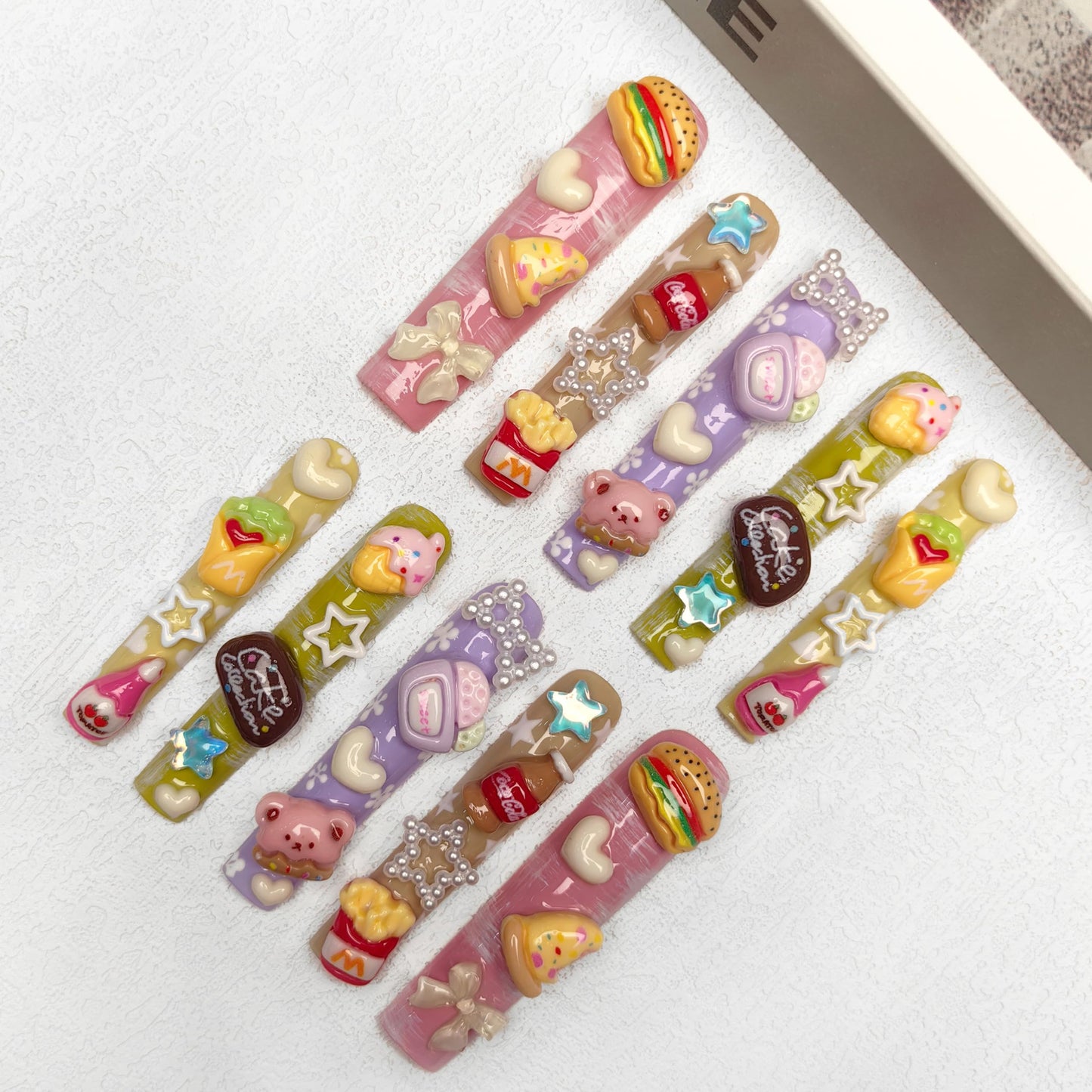 GGddsha 2025 Pastel Kawaii Food Deco Press-On Nails Handmade PMMA Acrylic Reusable Tips w/Box Gifts for Girls (Candy Vibes, M)
