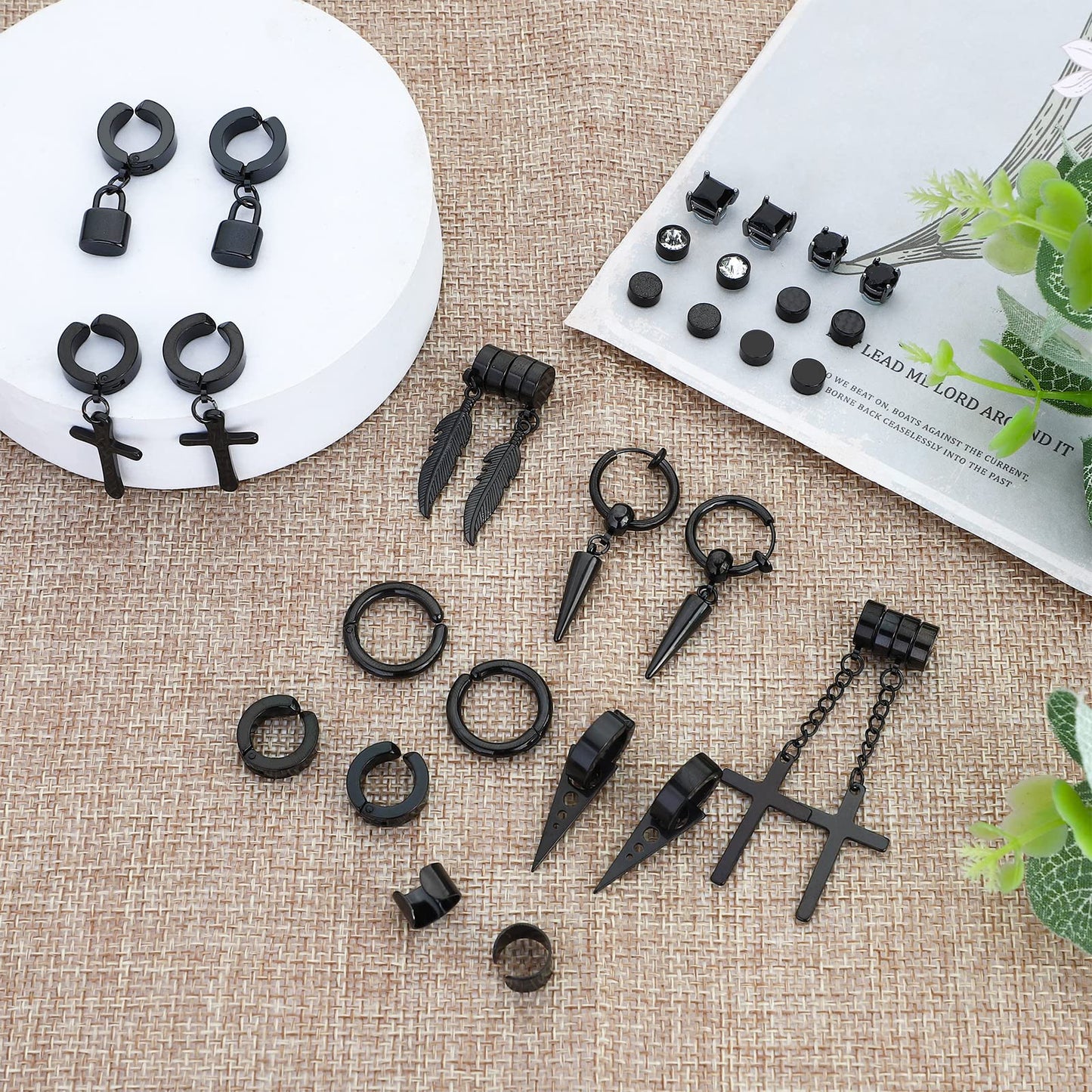 NEWITIN 15 Pairs Stud Earrings for Men Clip on Earrings Stainless Steel Non Piercing Earring Unisex Dangle Cross CZ Hoop Stud Earring Set for Men Women