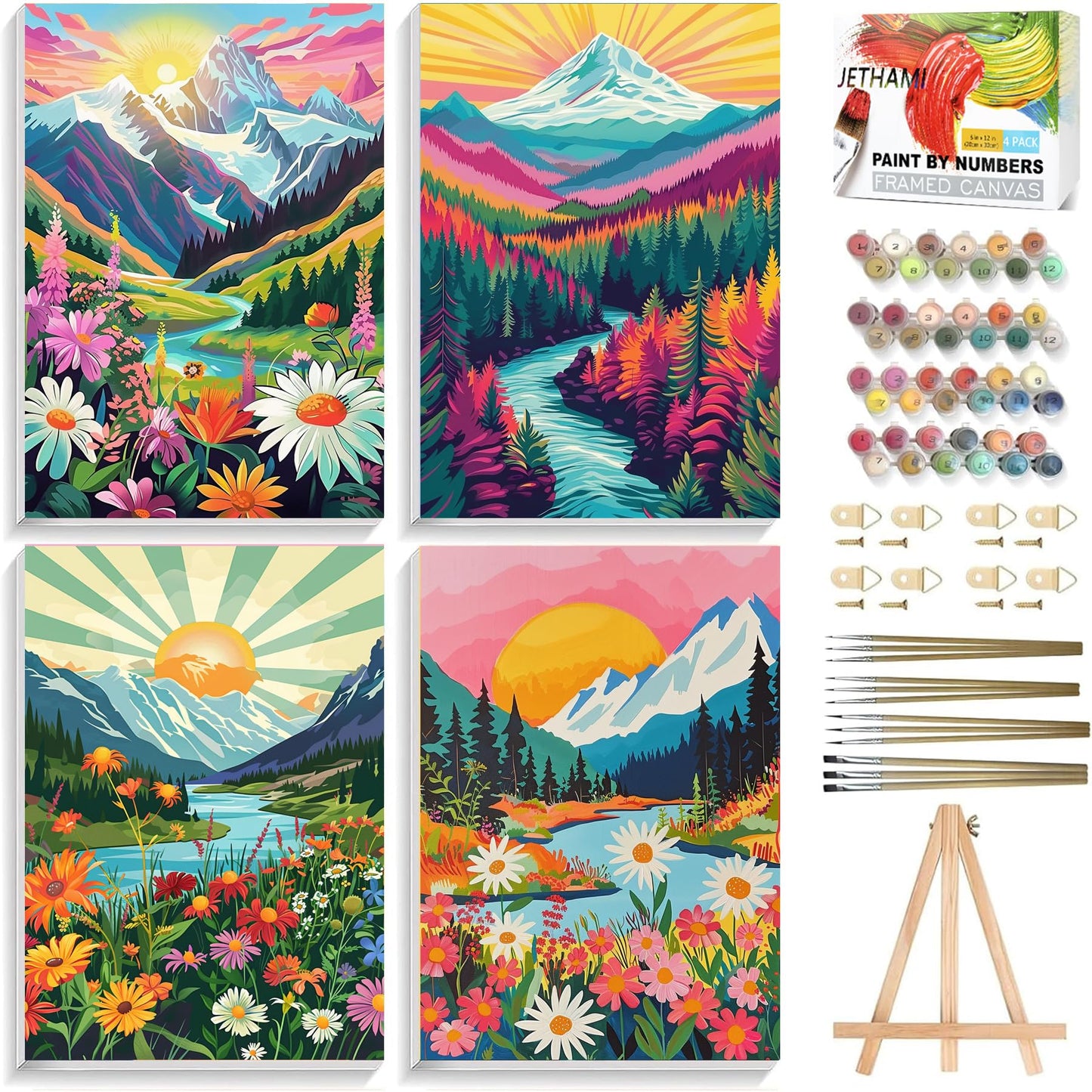 Jethami 4 Pack Paint by Numbers for Adults, Mountains Lake Sunset Landscape DIY Art Kits for Beginners, 8x12 in Framed Canvas for Home Decor