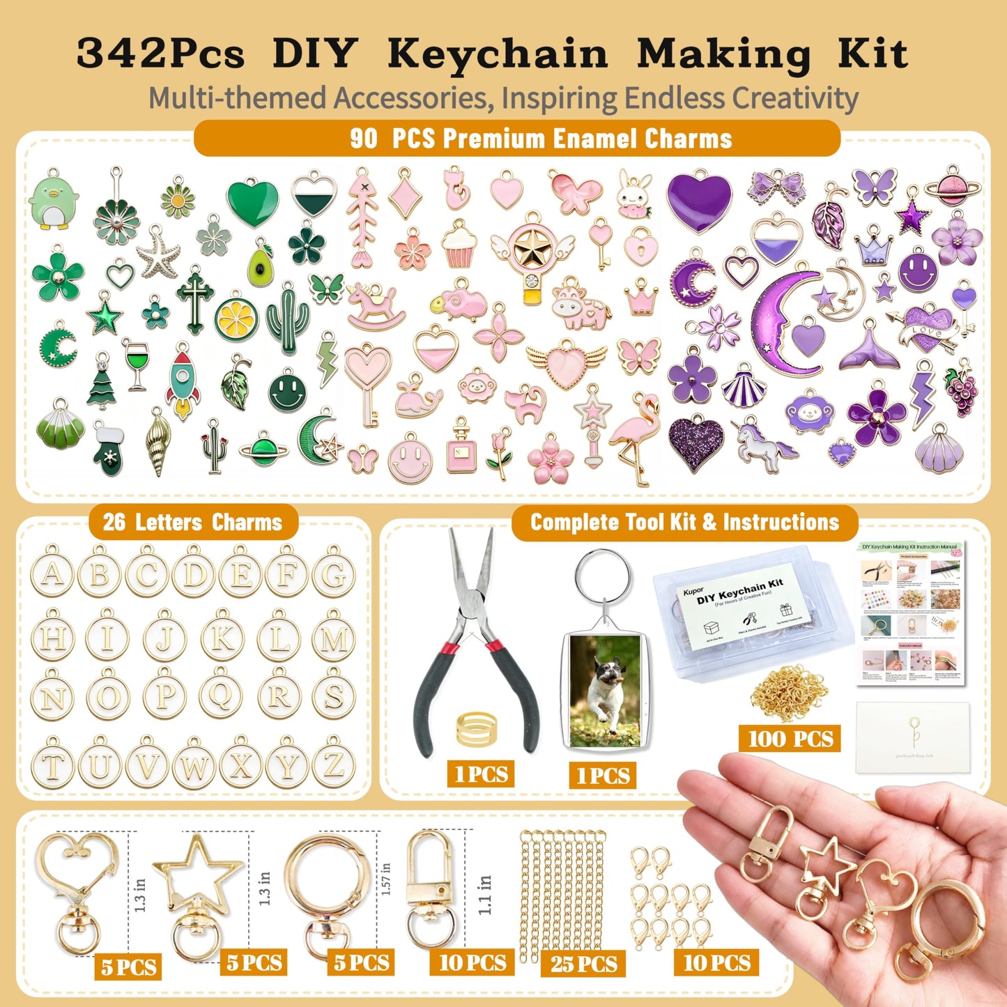 Kupor 342Pcs DIY Keychain Making Kit – 25 Keychains, Storage Box & Instruction,Great for Crafting Bag Charms, Keychain Charms Ideal for Craft Lovers (Eco-Friendly Materials) & Gift Shoppers