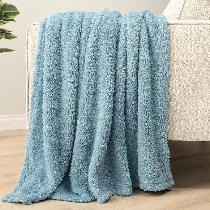 PAVILIA Sherpa Throw Blanket for Couch Sofa, Dusty Slate Blue Fluffy Warm Plush Blanket for Twin Bed, Cozy Super Soft Lightweight Throw, Fuzzy Decorative Blanket, All Season Home, 60x80