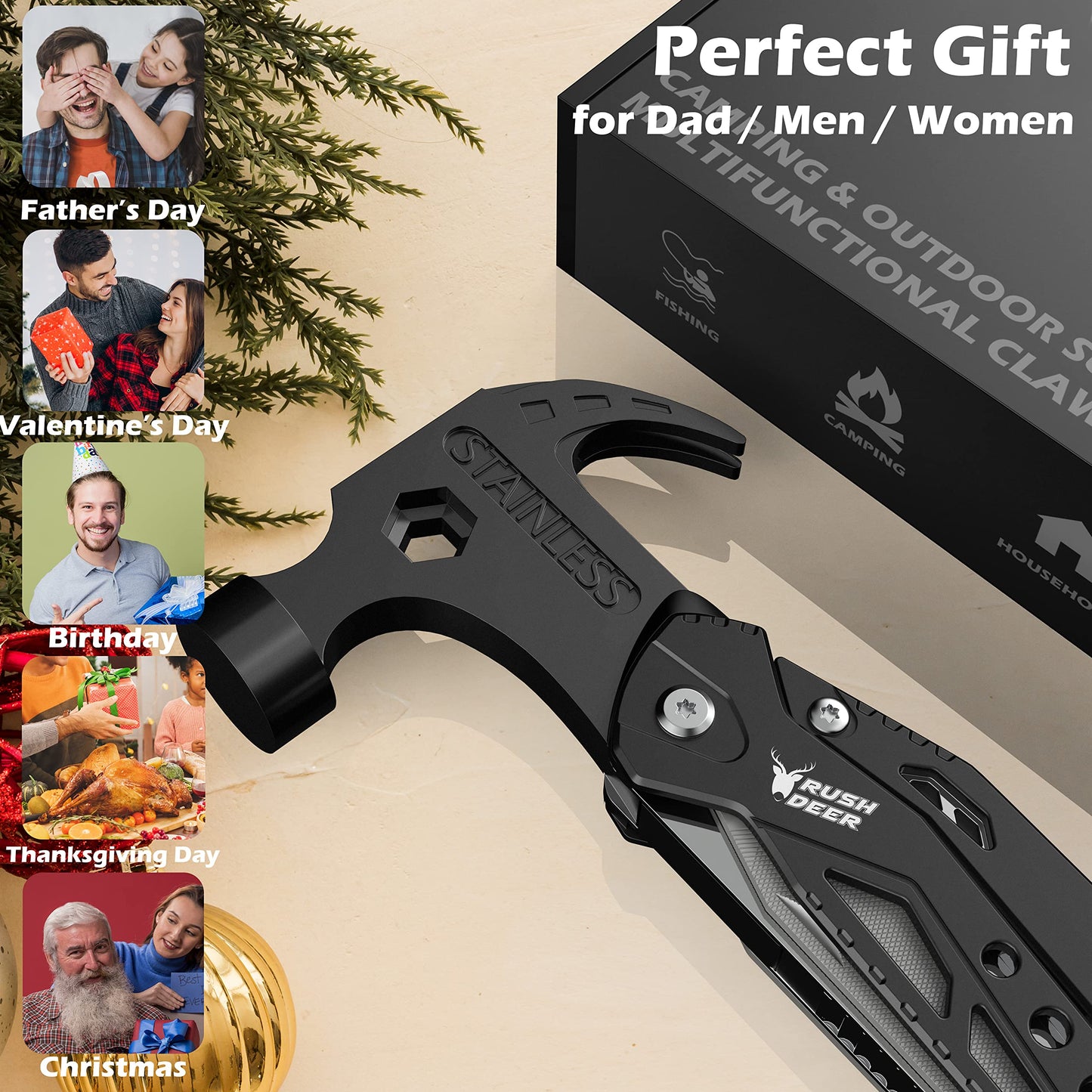 RUSH DEER 14-in-1 Multitool, Valentines Day Gifts for Men Dad Gifts, Mini Hammer Multitool, Small Hammer Tool, Survival Gear and Supplies, Christmas Gift for Boy Husbands