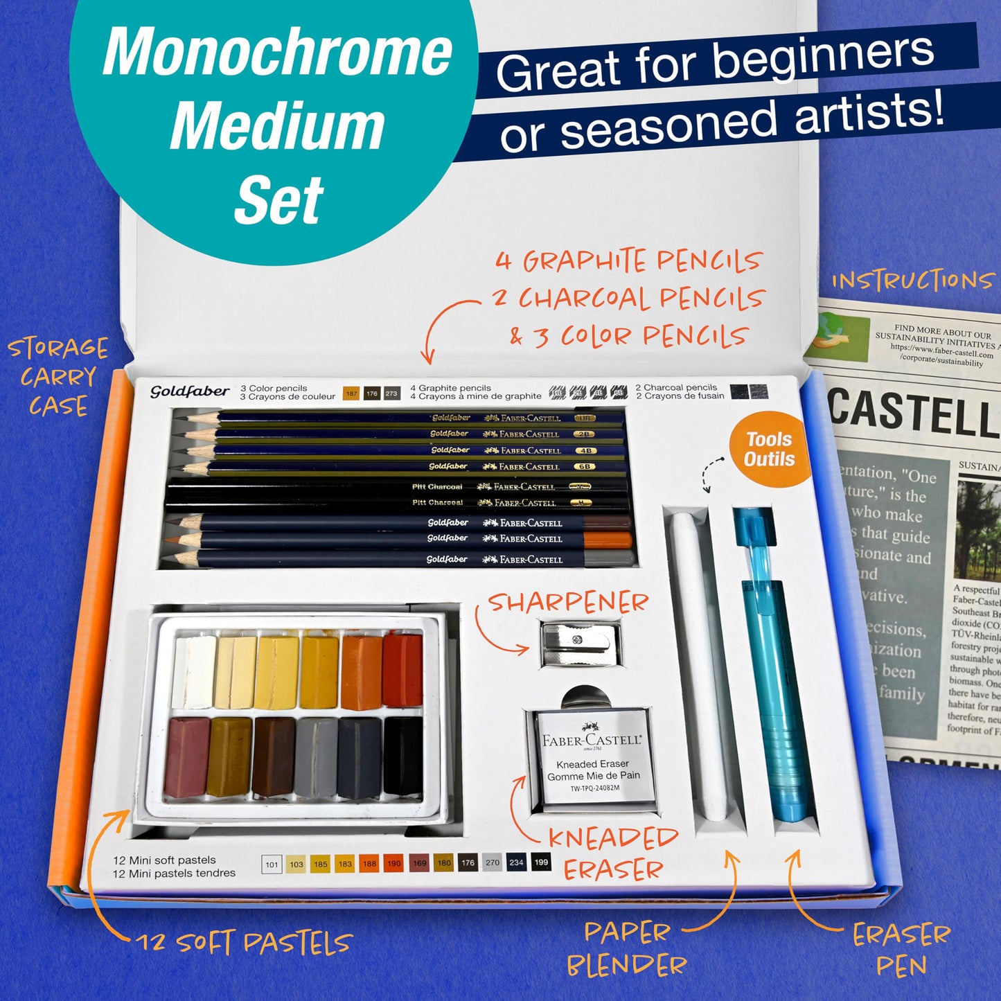 Faber-Castell Try It Box: Monochrome, 27 Piece Drawing Art Kit featuring Colored Pencils, Graphite, and Charcoal Pencils, Professional Art Supplies for Adults, Teens, and Beginners