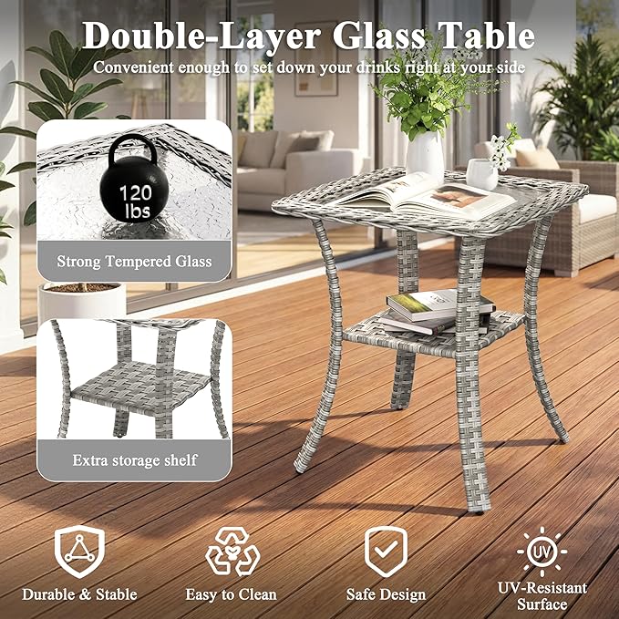 2-Seat Modern Patio Furniture Set with Swivel Rocking Chairs, Thick 4″ Cushions, Dual-Strand Wicker Rattan, Rust-Resistant Steel Frame – Outdoor Conversation & Modular Sectional,Beige