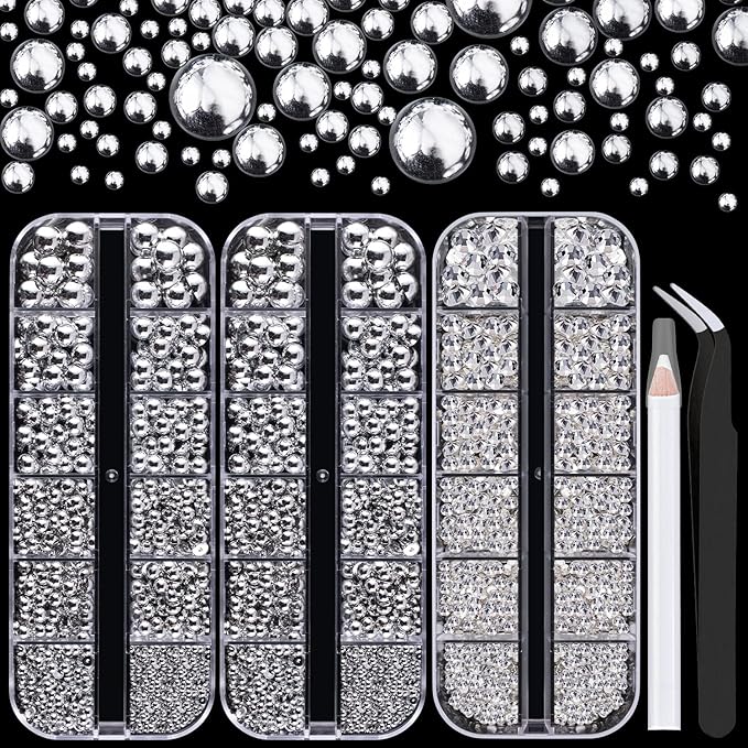 4000PCS Flatback Rhinestones and Half Round Pearls Kit #30, Multi Size Glass Clear Crystals, Plastic Flat Back Silver Dome Bead with Pickup Pencil and Tweezer for Nail Art