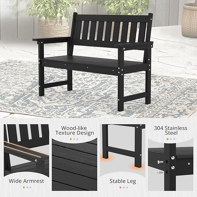 LUE BONA Outdoor Bench, 2-Person HDPS Garden Bench, Outdoor Benches Weatherproof, All-Weather Fade/Rot Resistant Patio Bench for Park, Front Porch, Backyard (Black)
