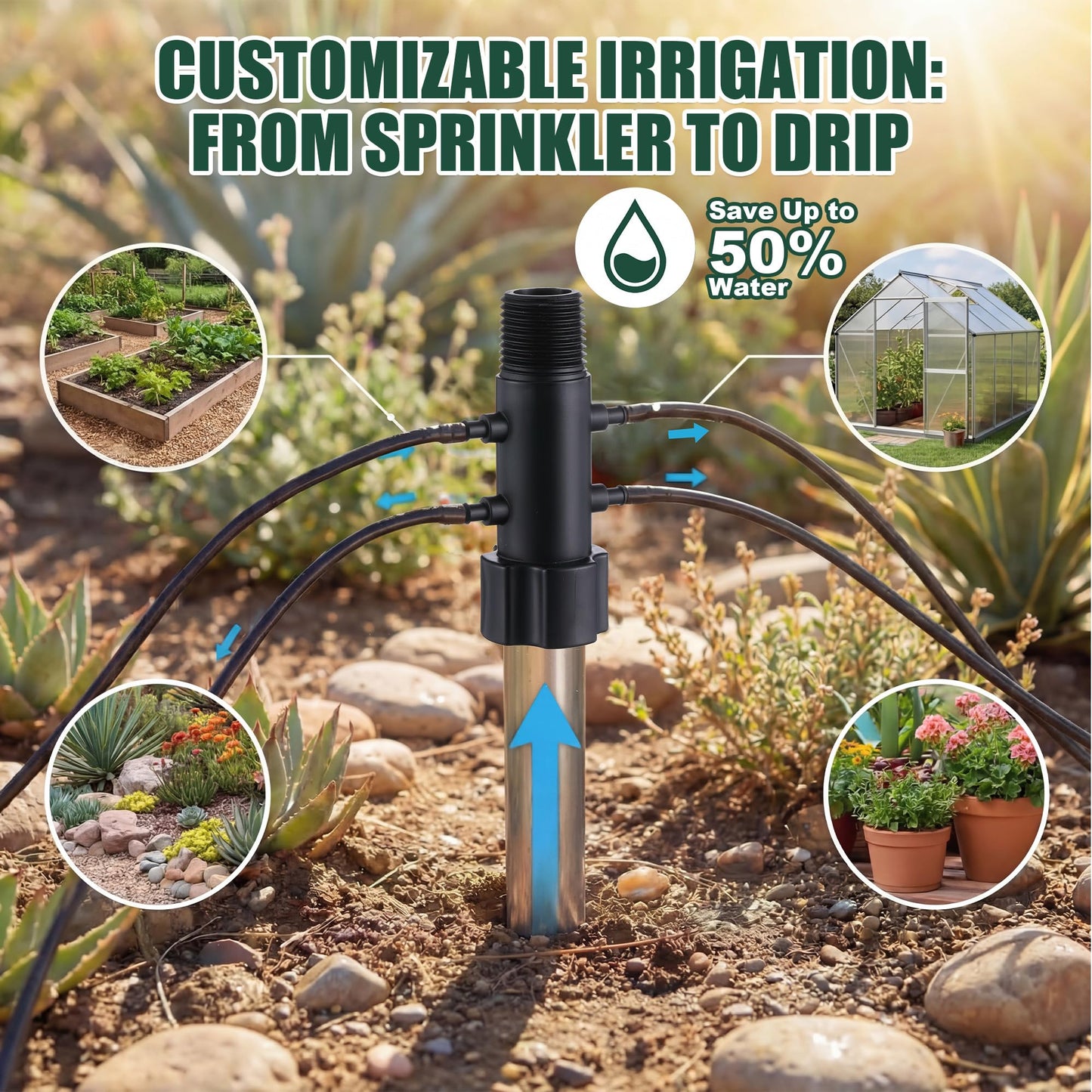 Gulfmew 10 Pack 4 Port Drip Irrigation Manifold with Filter, Drip Irrigation Riser Adapter, Watering Manifold for Gardening Systems, 1/2" Female Pipe Thread x 1/2" Male Pipe Thread x 1/4" Barbed End