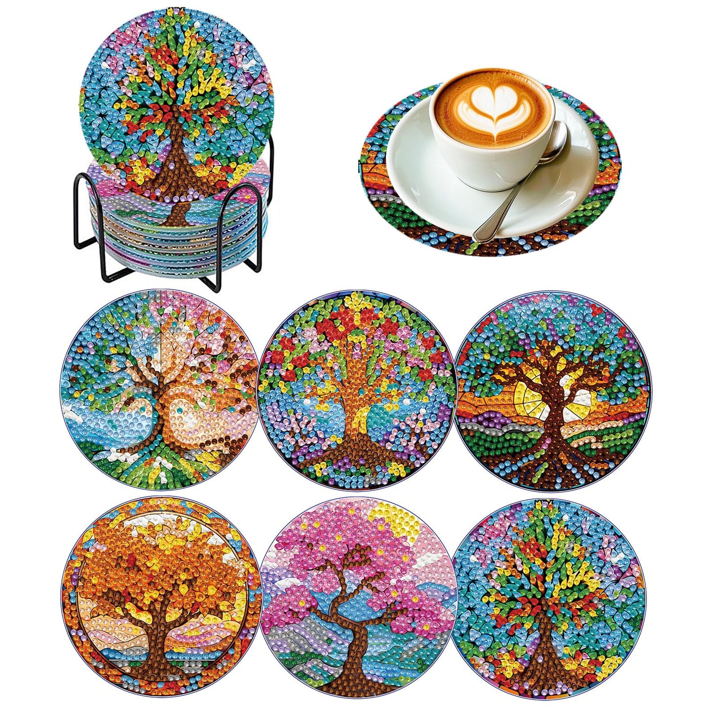PERFECTSIGHT 6 Pcs DIY Diamond Art Painting Coasters with Holder, Cute Diamond Paint Coaster Kits for Adults, Kawaii Full Drill Diamond Art Craft, Paint by Number Non Slip Coaster - Multicolor Tree