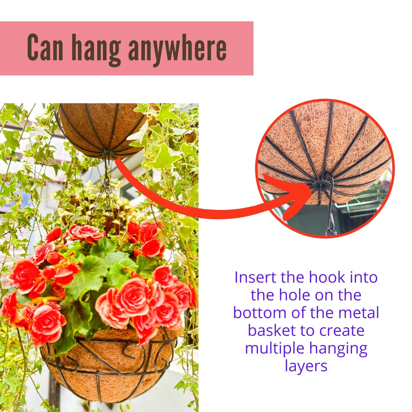 LaLaGreen Hanging Planter for Outdoor Plants (12 Inch, 6 Pack) Hanging Baskets with Coco Liner, Black Metal Wire Flower Basket Pots with Hook Hanger Balcony Porch Farmhouse Country Style Garden Decor