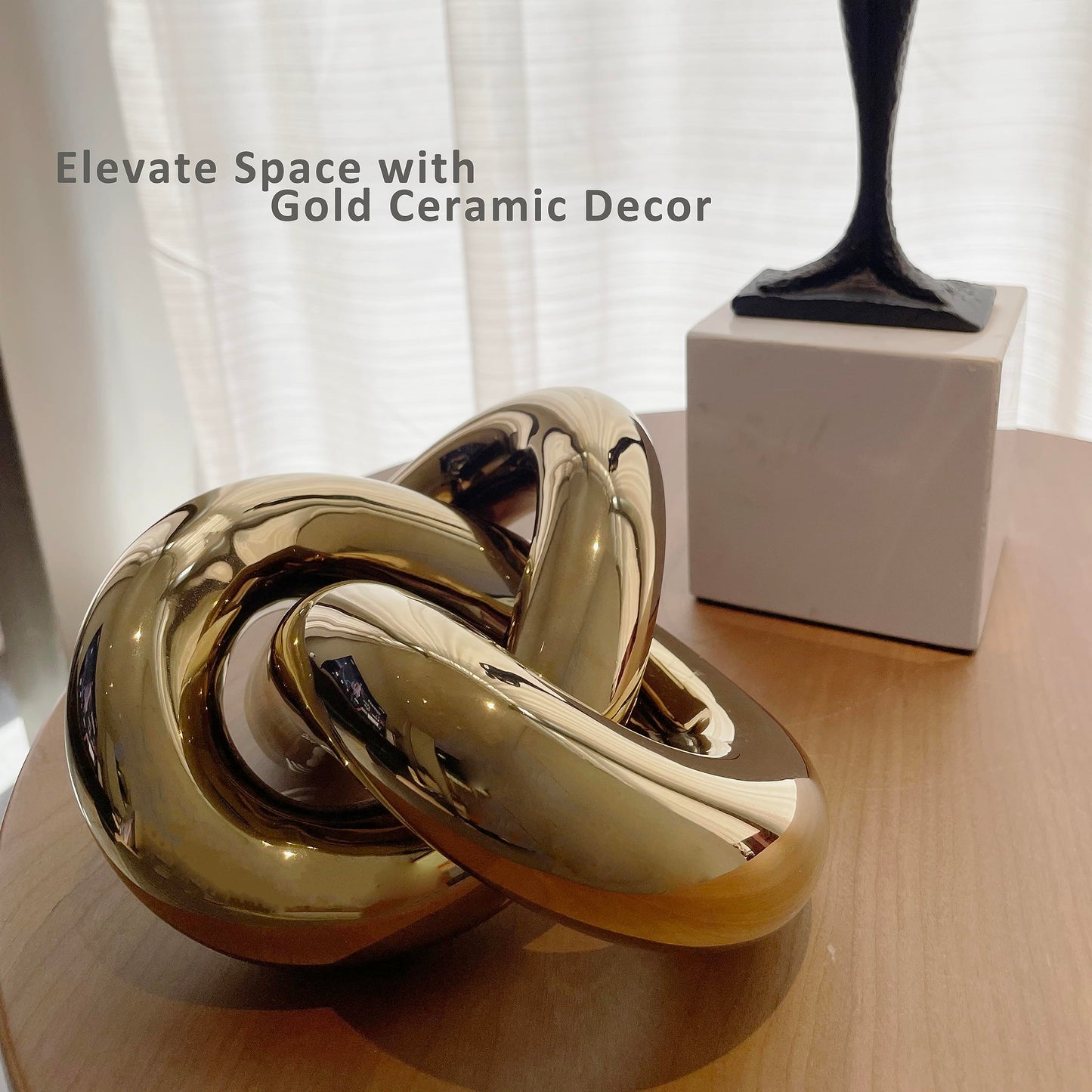 Large Ceramic Gold Knot Statue Décor, Gold Coffee Table Decor, Multi-Angle Abstract Geometric Sculpture Ornament, Modern Home Decor Accents for Living Room, Bedroom, Office