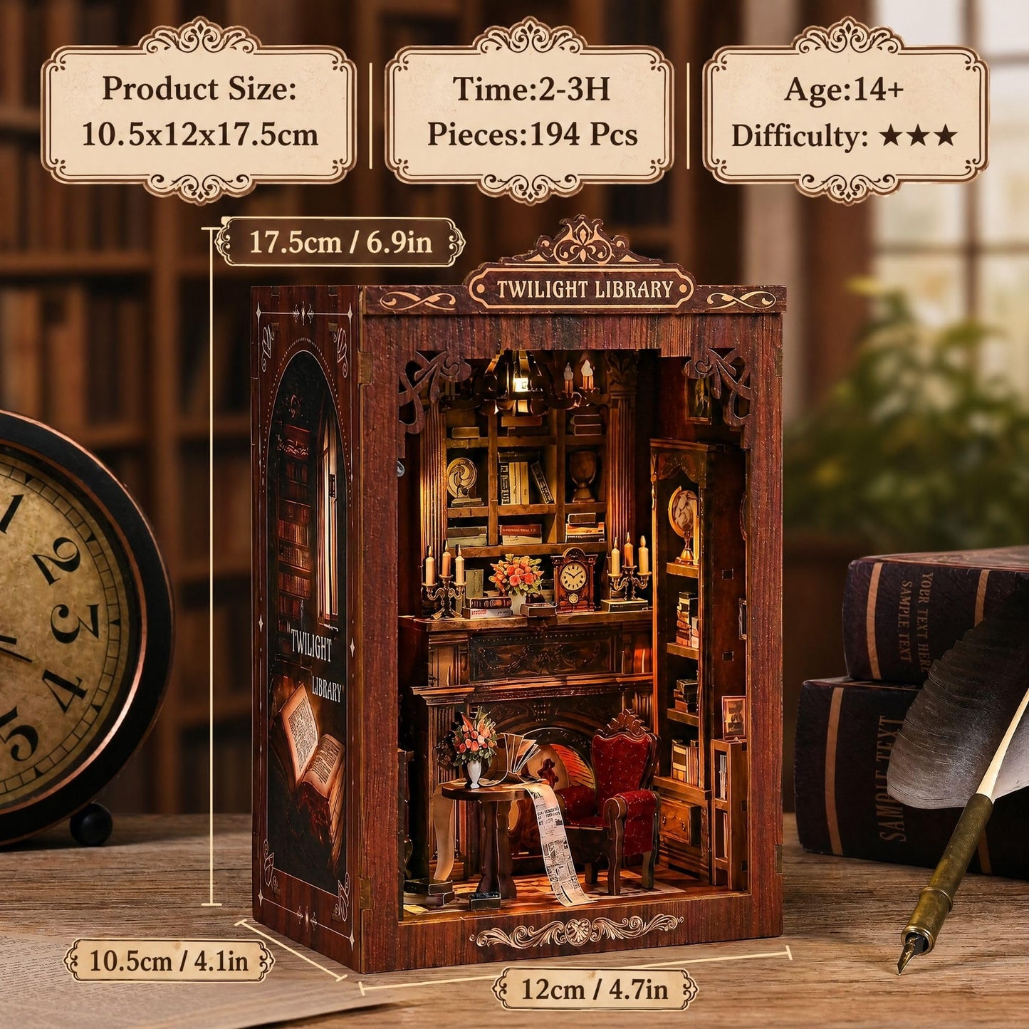 Soothee DIY Book Nook Kit with LED Lights | 3D Puzzles for Adults & Teens, Miniatures and Model Building Kits for Bookshelf Decor, Relaxing & Unique Gift for Craft Lovers | Twilight Library