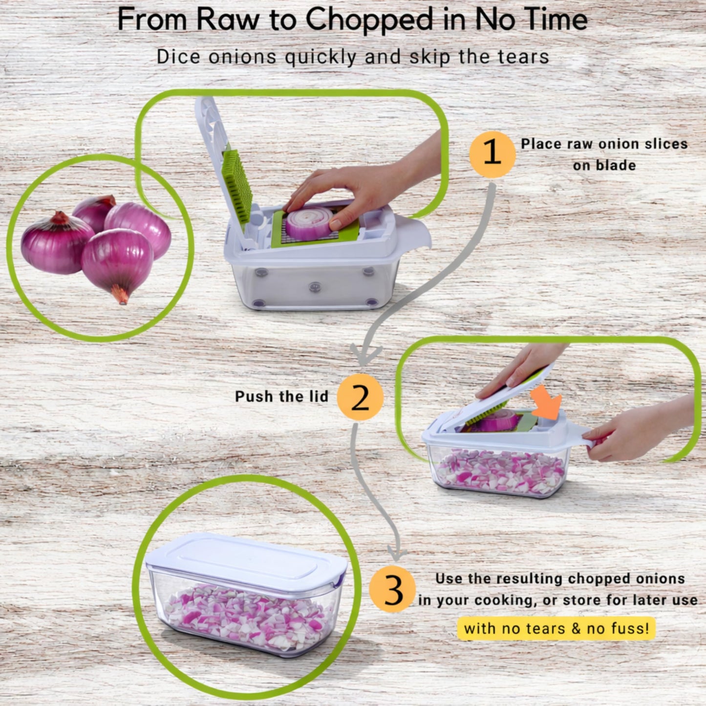 Brieftons QuickPush Food Chopper: Strongest & 200% More Container Capacity, 30% Heavier Duty, For Onion, Fruit and Vegetable Chopping, with 3 Dicer Cutter Blades, Keep-Fresh Lid, and 5 Recipe Ebooks