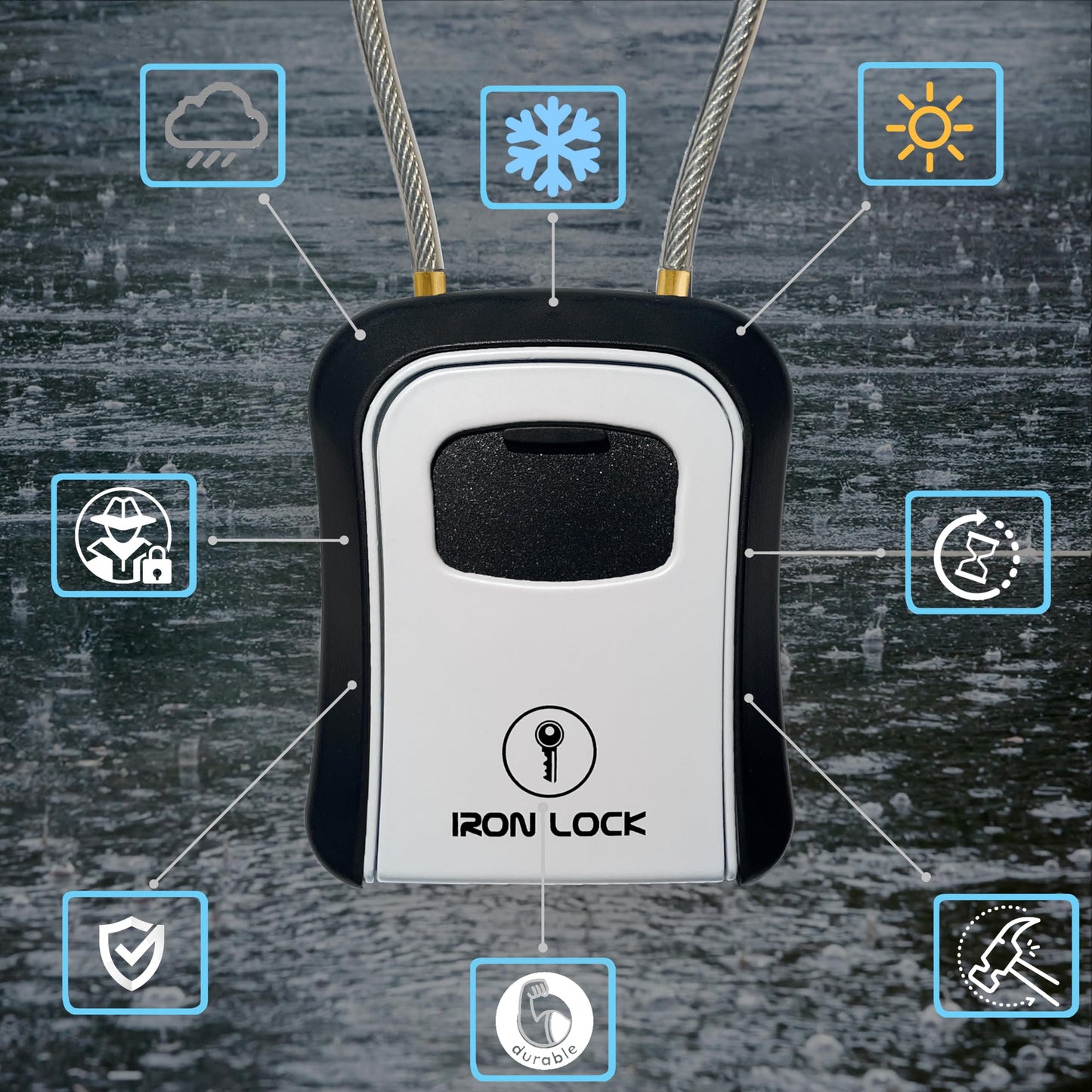 Iron Lock® Key Lock Box Portable with Cable Shackle & Wall Mount – Waterproof Metal Lock Box for Keys with 4-Digit Combination & Resettable Code – Indoor/Outdoor Key Safe (Grey, Medium)