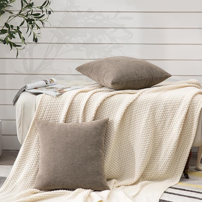 GAWAMAY Decorative Throw Pillow Covers 16x16 Inch Set of 2, Super Soft Chenille Square Pillows Farmhouse Fall Pillowcase for Living Room Bedroom Sofa Couch Cushion Cover Taupe Grey 40x40cm