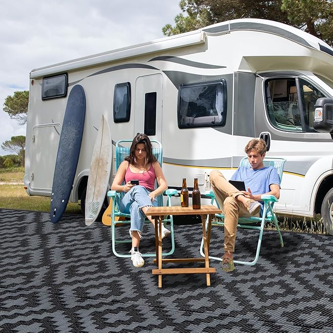 SAND MINE Waterproof Outdoor Rug 9x18 ft, Plastic Reversible Rug, Modern Area Rug, Large Floor Mat for Outdoors, RV, Patio, Backyard, Deck, Picnic, Beach, Camping, Black Grey Lattice