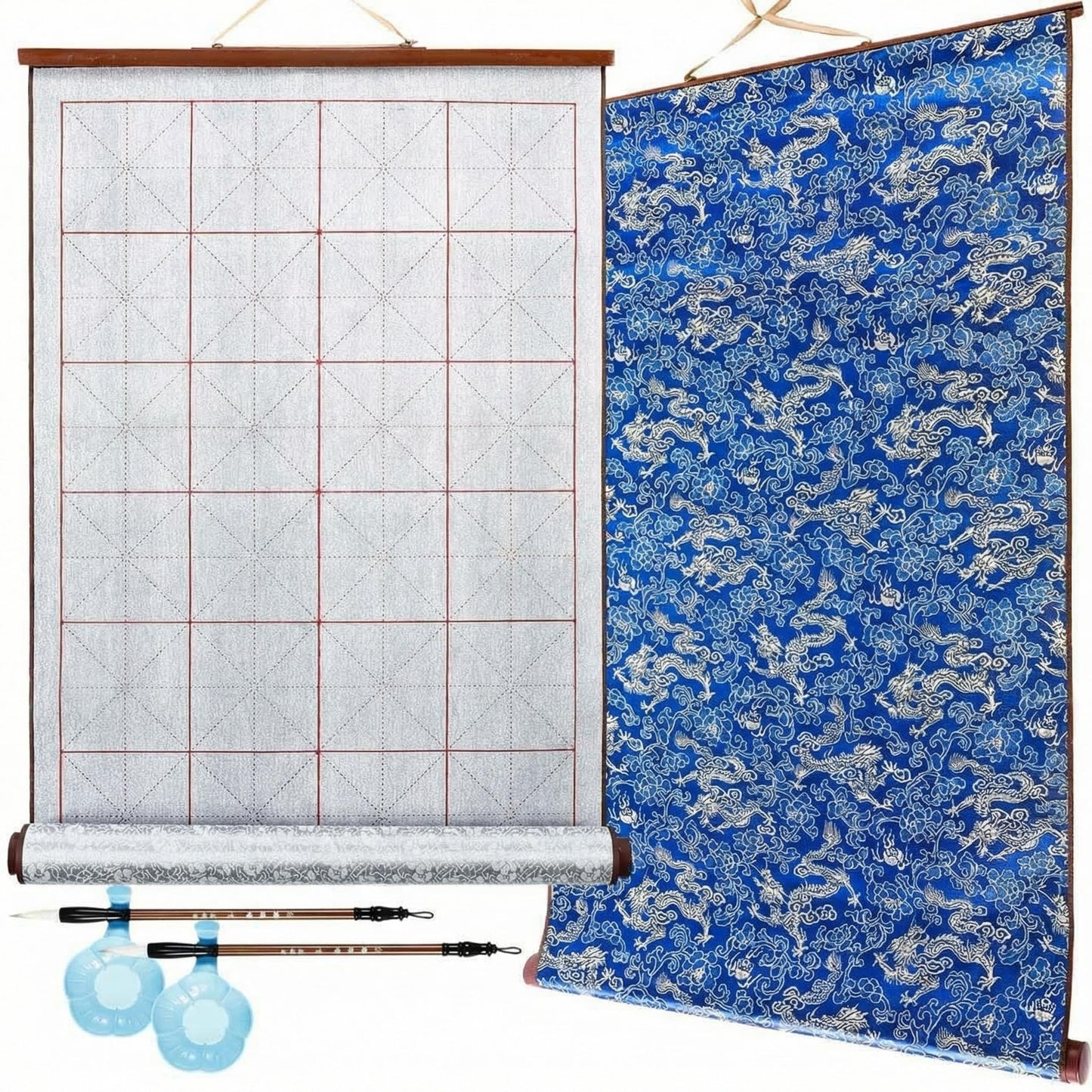 Jaloro 6 Pcs Chinese Calligraphy Cloth Set Magic Writing with Water Canvas No Ink Scroll Canvas Reusable Calligraphy Practice Kit with Brush Pen Plastic Dish Gift for Beginners Home School