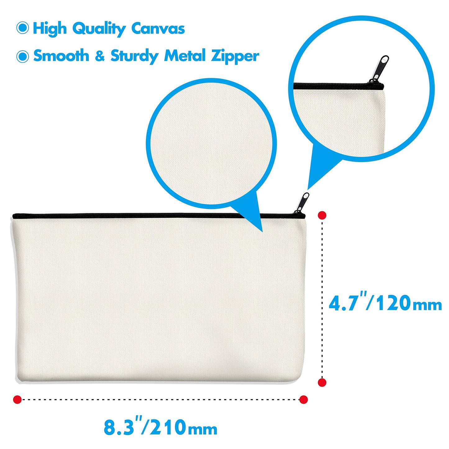 Vantasii 15 Pack Blank Cotton Canvas DIY Craft Zipper Bags Pouches Pencil Case for Makeup Cosmetic Toiletry Stationary Storage (off white, 8.3” x 4.7”)