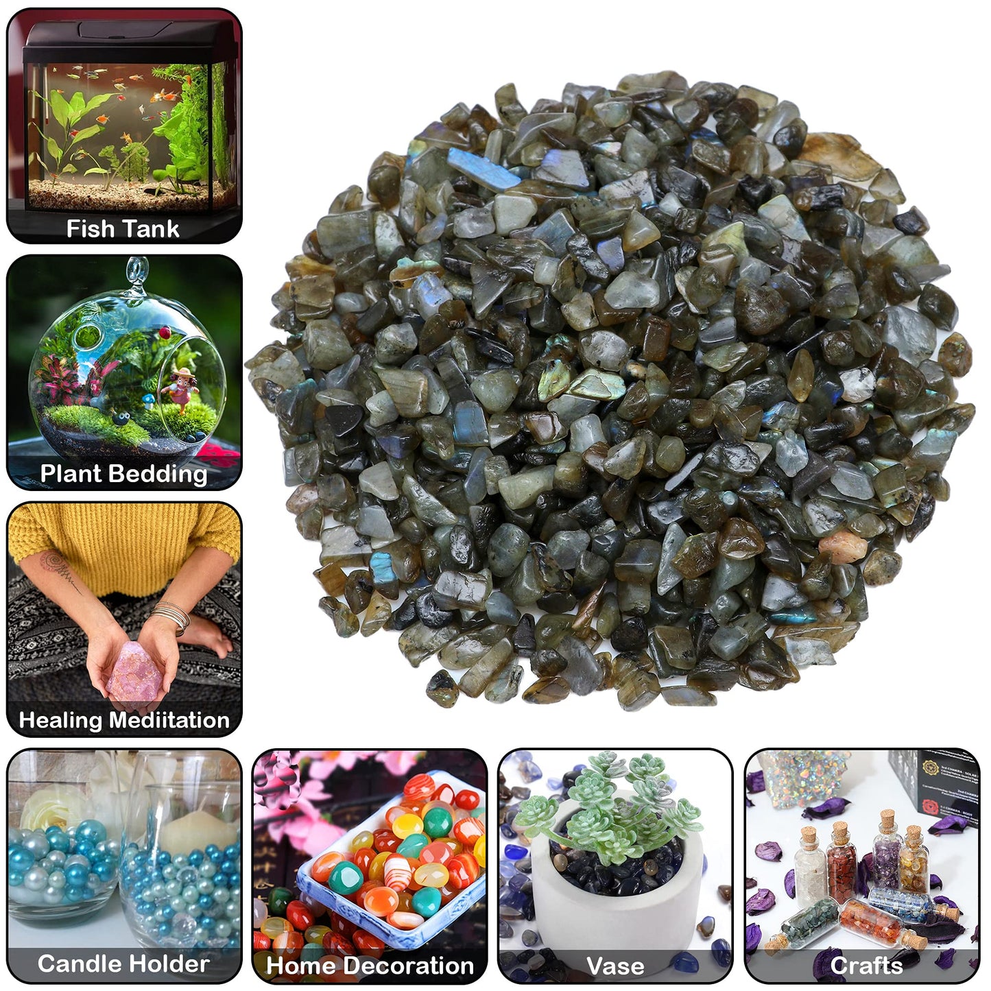 ZAICUS Labradorite Crystal Chips Bulk Gemstone Healing Crystal Natural Irregular Shaped Crushed Stone Reik Healing Tumbled Chips Crystal Chips for Witchcraft & Jewelry Making Home Decoration 1 Lb