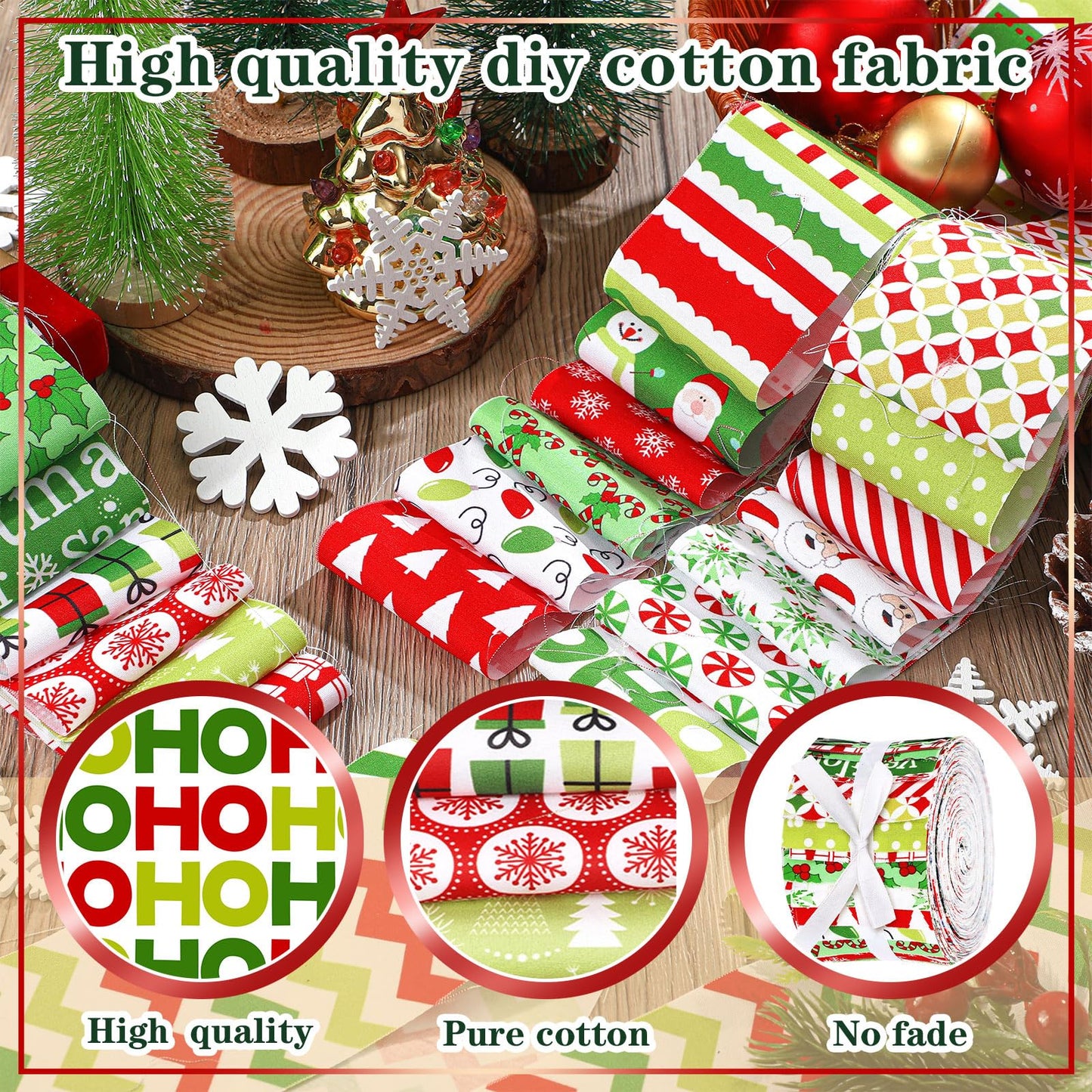 Fanfanwin 40 Pcs Red and Green Christmas Quilting Fabric Roll 2.56 Inch Precut Fabric Squares Jelly Patchwork Snowflake Peppermint Strips Materials for Winter Xmas Holiday Craft Sewing Panels DIY