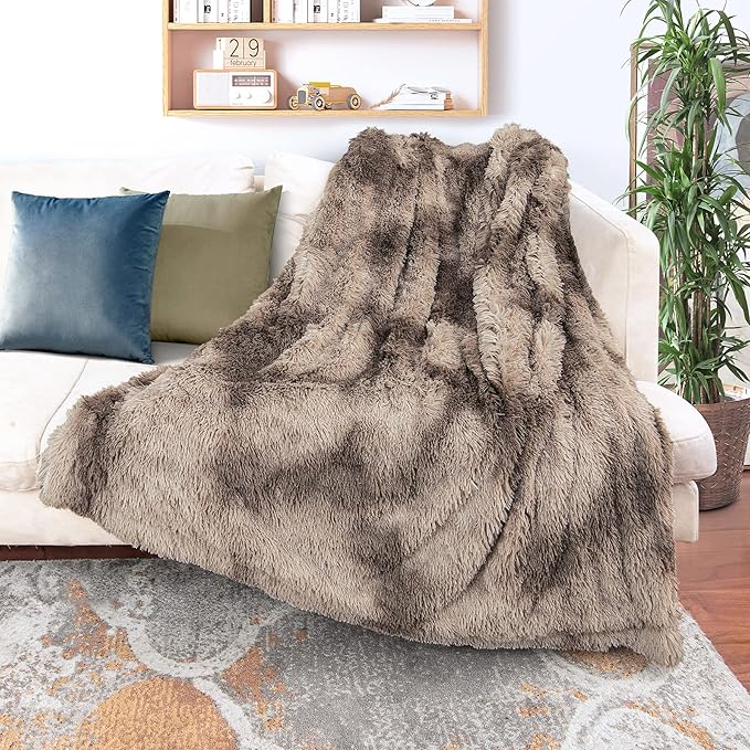 Tuddrom Decorative Extra Soft Faux Fur Throw Blanket,Solid Reversible Fuzzy Lightweight Long Hair Shaggy Blanket,Fluffy Cozy Plush Fleece Comfy Microfiber Fur Blanket for Couch Sofa Bed,Tie Dye Brown