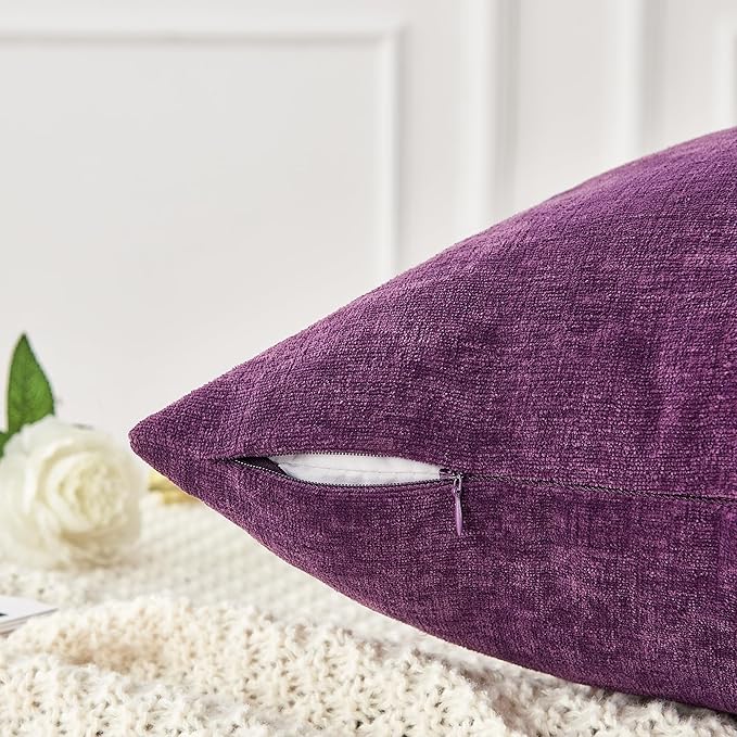GAWAMAY Decorative Square Throw Pillow Covers 22x22 Inch Set of 2, Super Soft Chenille Pillows Farmhouse Fall Pillowcase for Living Room Bedroom Sofa Couch Cushion Cover Purple 55x55cm (No Insert)