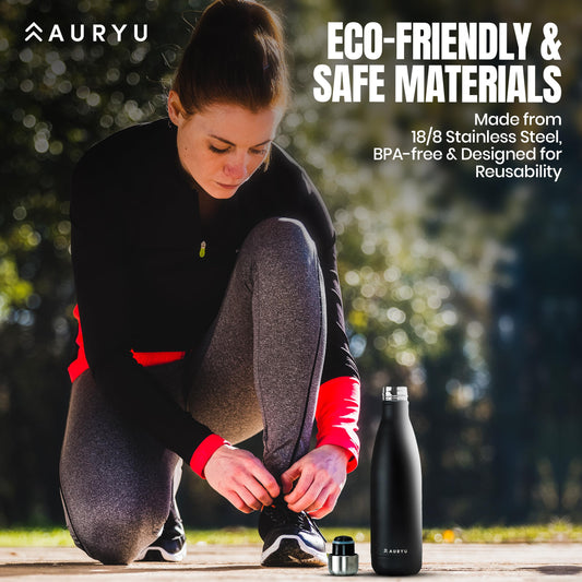 Auryu Best in Class Triple-Walled Insulated Stainless Steel Water Bottle, Keeps your Drinks Cold for up to 24 Hours and Hot for up to 12 Hours, Leak Proof, Make a Difference in the World, Black, 17oz
