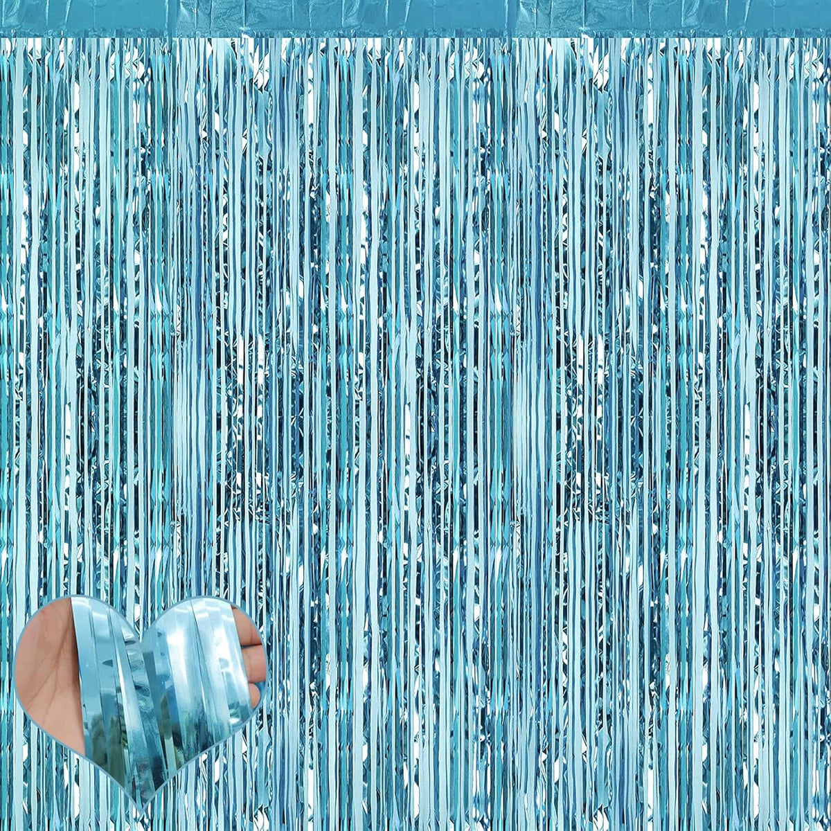 4 Pack Fringe Curtain Backdrop, 3.2Ft x 6.6Ft Light Blue Metallic Tinsel Foil Fringe Streamers Background for Photo Booth Birthday Wedding Baby Shower Easter Pool Ocean Underwater Party Decorations