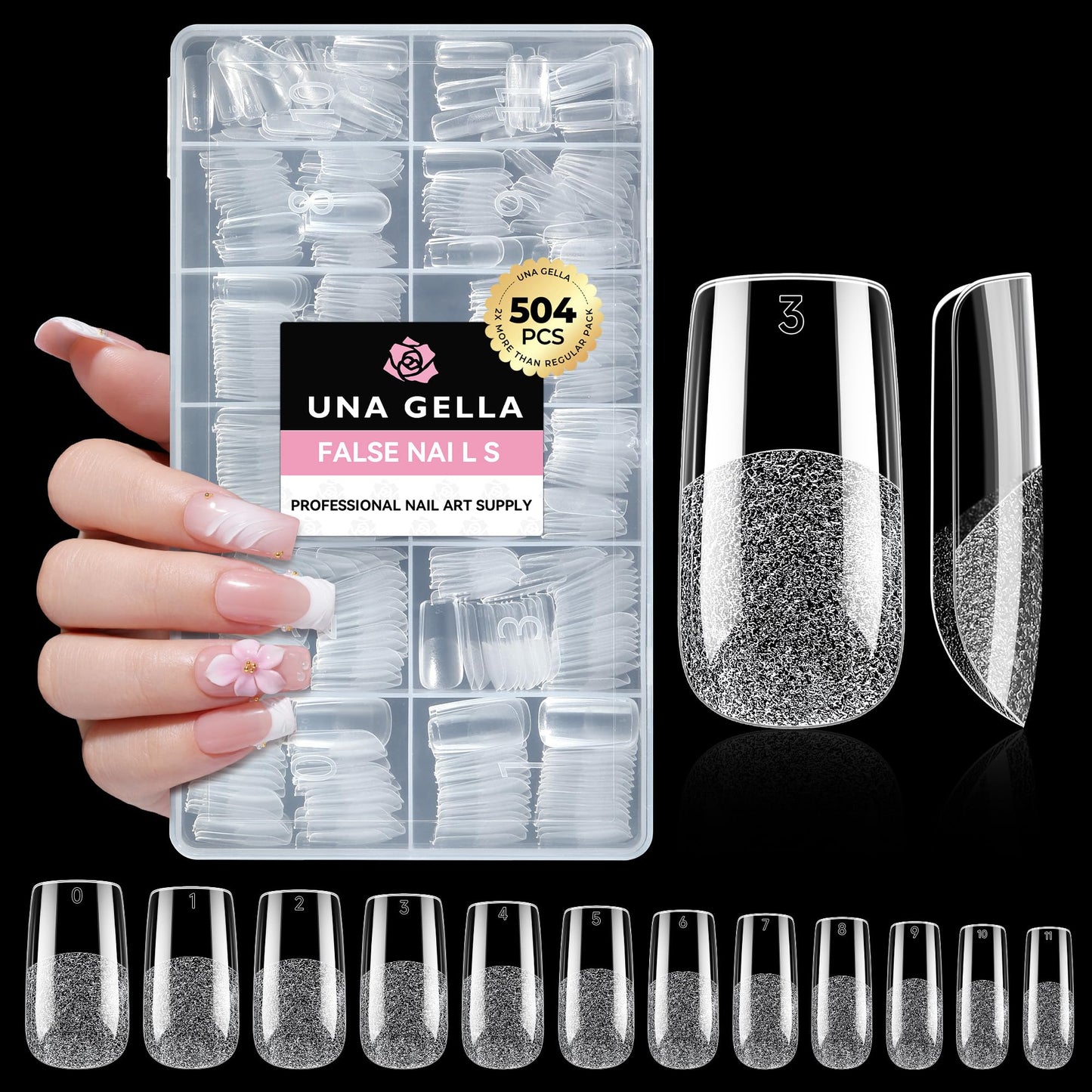 UNA GELLA Square Fake Nails, 504pcs Gel Nail Tips Clear Press on Nails Pre-shape for Full Cover Square Nails French False Nails For Nail Extension Nail Art Home DIY 12 Sizes False Gelly Tips