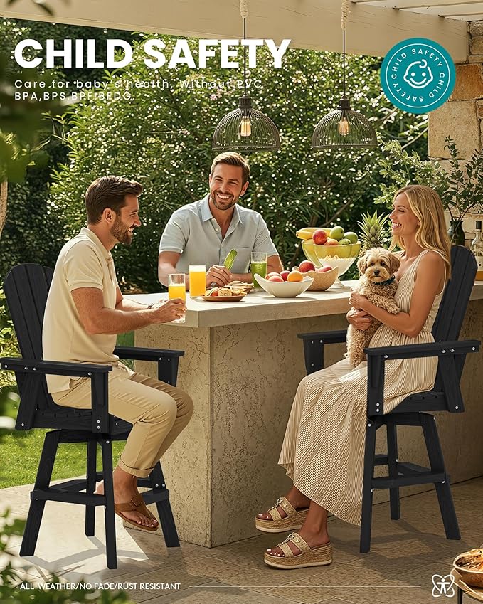 SERWALL Swivel Adirondack Bar Chairs Set of 2, HDPE Outdoor Swivel Barstools Chairs Set of 2 for Bistro, Poolside, Garden, Black