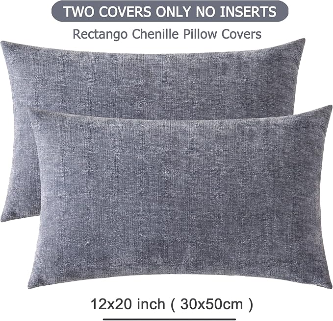 GAWAMAY Lumbar Support Pillow Decorative Rectangle Throw Pillow Covers 12"x20" Inch Set of 2, Soft Chenille Fall Pillowcase for Living Room Bedroom Sofa Couch Cushion Cover Grey 30x50cm (No Insert)