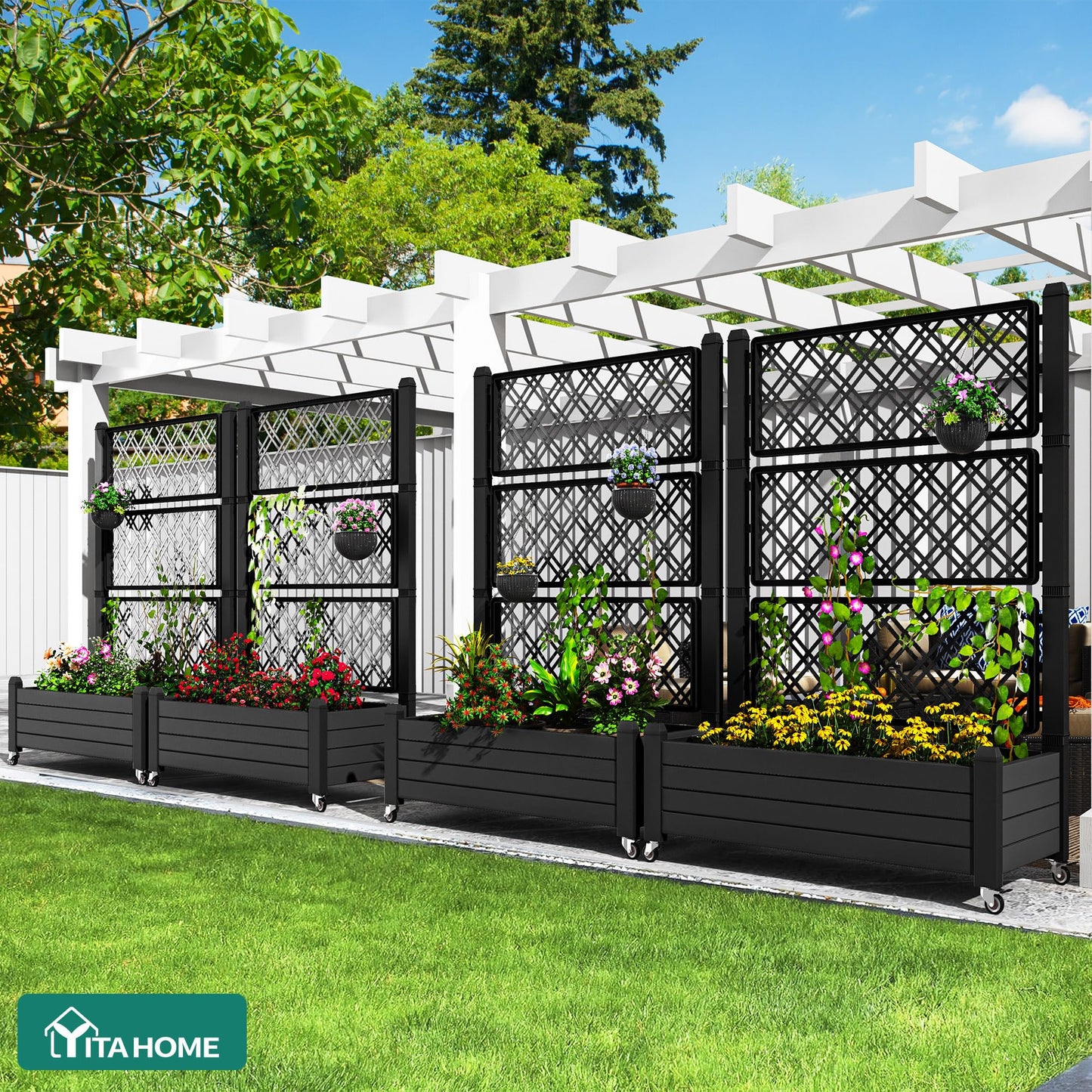 YITAHOME 3.6x1.5x5 FT Planter Box Trellis with Wheels, Large Outdoor Plastic Raised Garden Bed with Drain Plug for Climbing Plants, Black