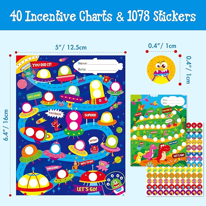 40 Pack Incentive Chart, 2 Adorable Designs with 1078 Stickers, Classroom Family Reward Chart System for Kids Homework Assignments, Attendance, Good Behavior, Chores, Potty Training Progress