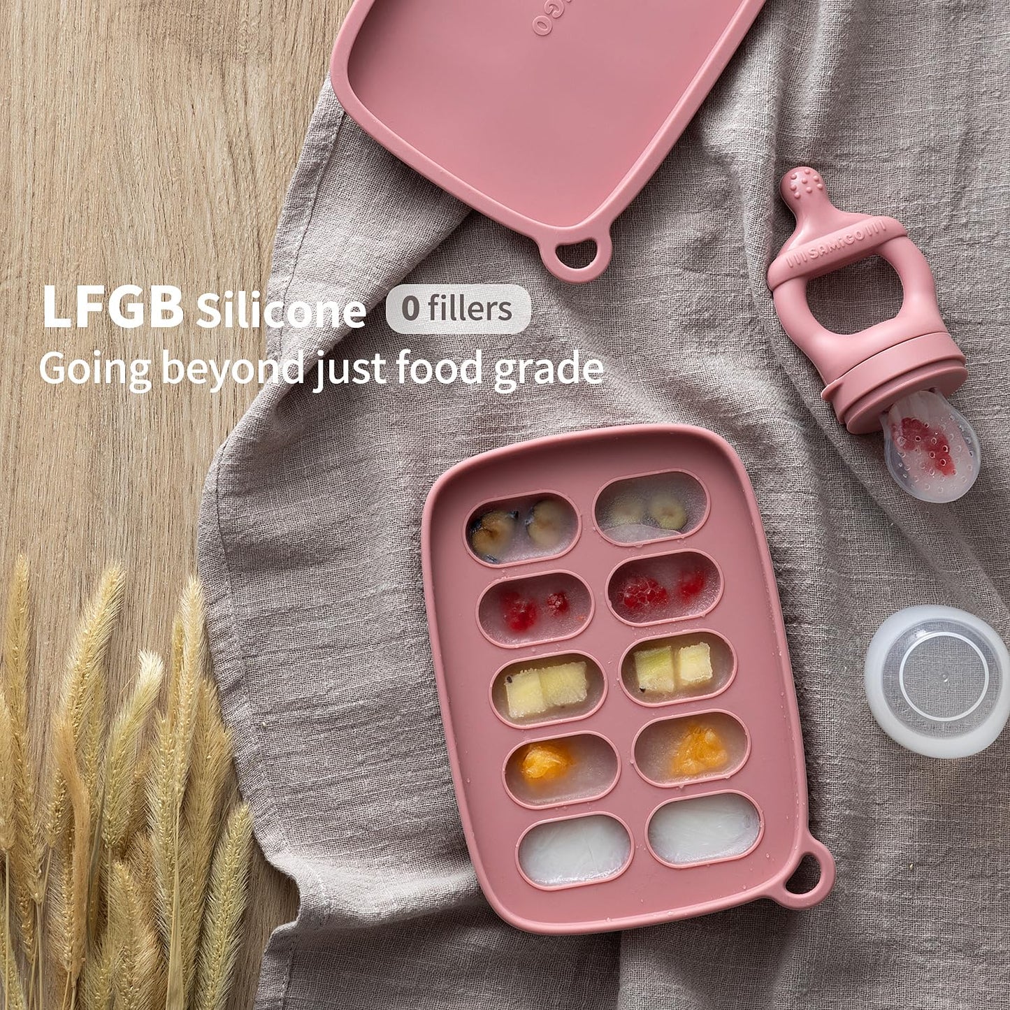 SAMiGO Baby Food Fruit Feeder and Breastmilk Popsicle Mold Set, Silicone Fruit Teether, Food Feeder Pacifier for Teething Relief, Freezer Tray, Baby Feeding Essentials, 4 Months+